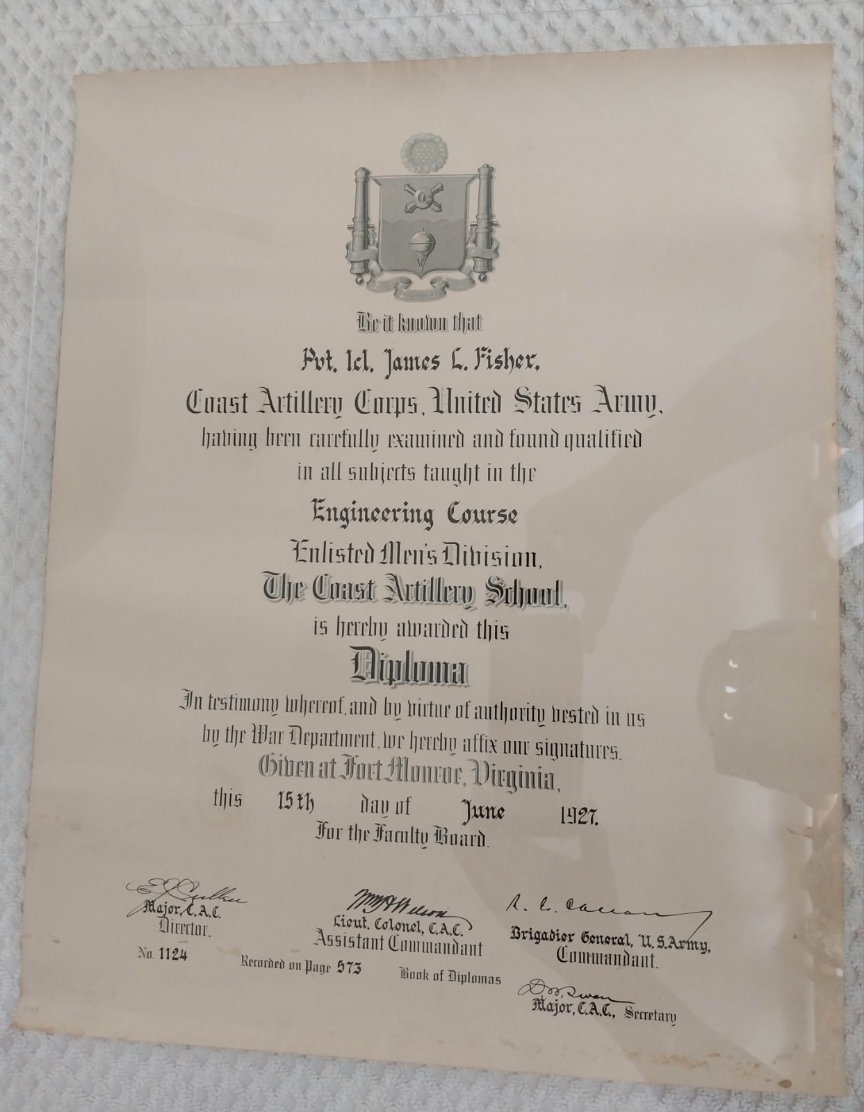 1927 US Army Coast Artillery School Diploma Fort Monroe VA Military Document