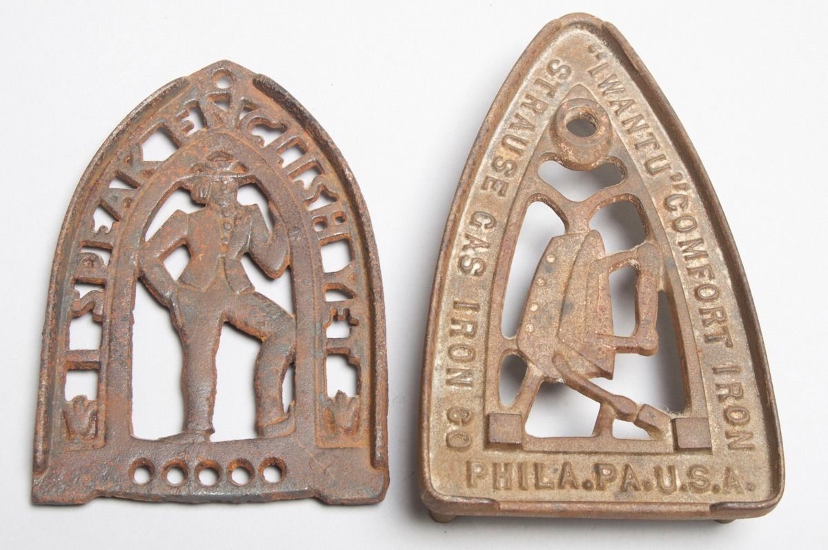 Antique Iron Trivets Set of 2 \'I Speak English Yet\' PA Dutch & \'Iwantu Comfort\'