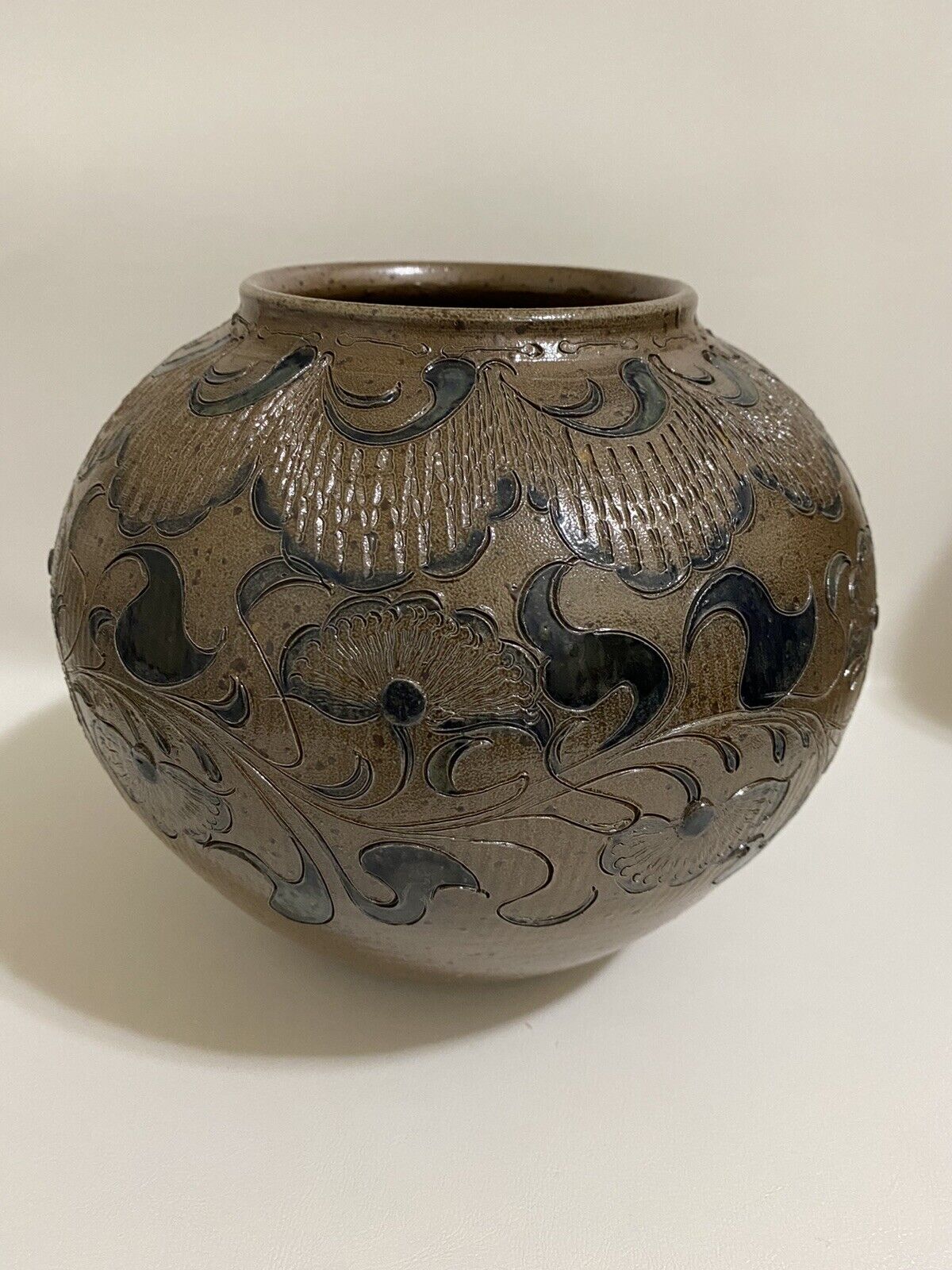 Albert Greiner Beinheim Bulbous Round Vase Roll Sandstone Glazed Incised Ceramic