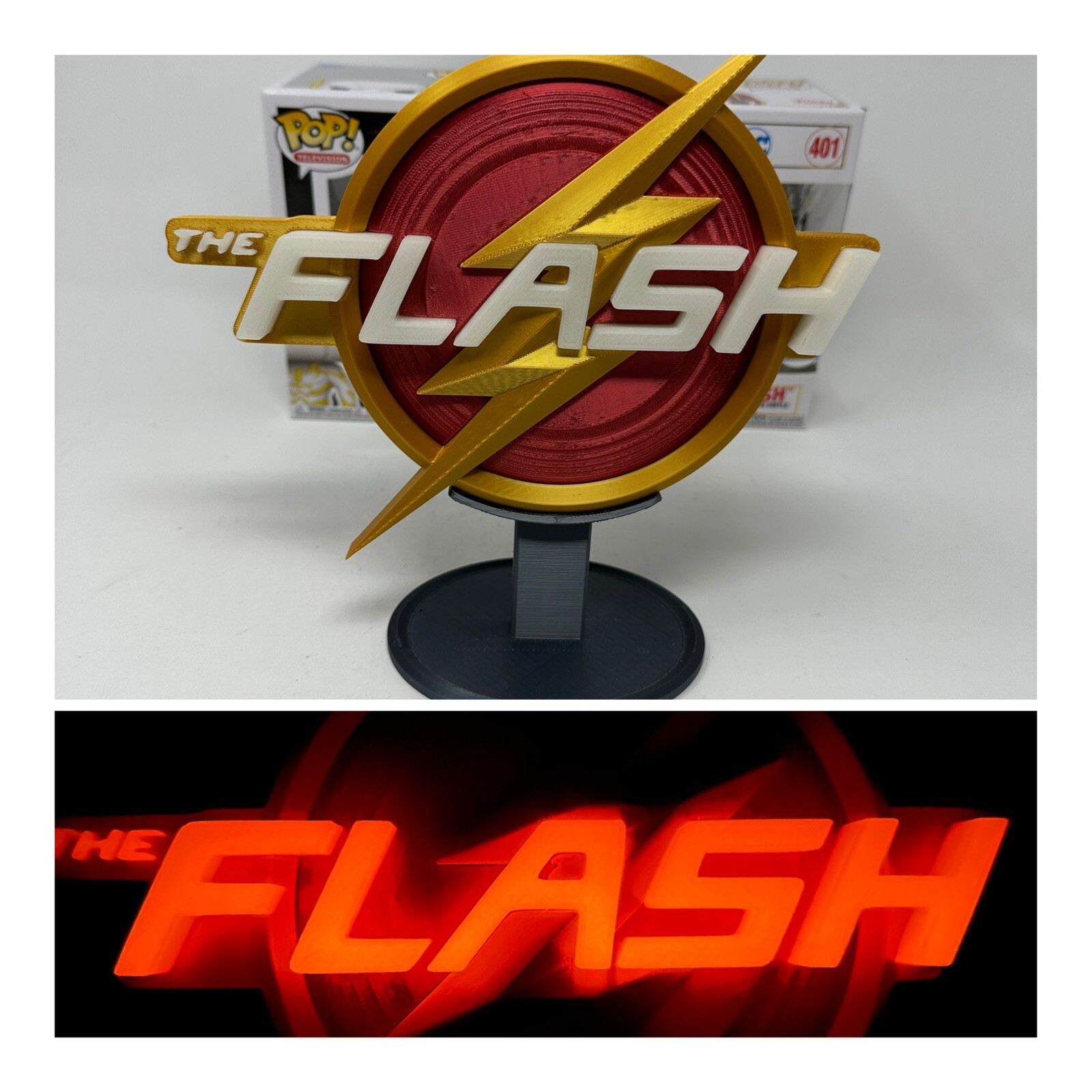 3D Printed FLASH (GITD) w TEXT TV LOGO Fan Sign for your Funko & collectibles