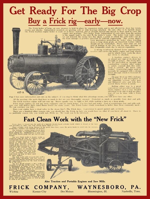 1915 Frick Steam Engine & Threshing Machine NEW Sign: 24x30