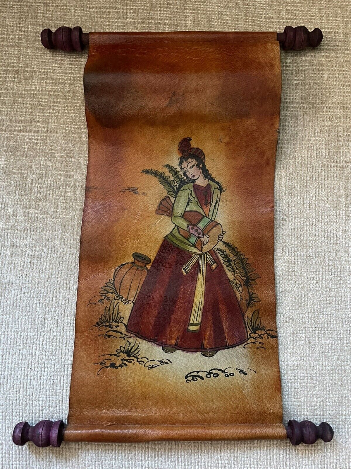 Persian Woman in Red and Green Dress on Leather Scroll - Handmade