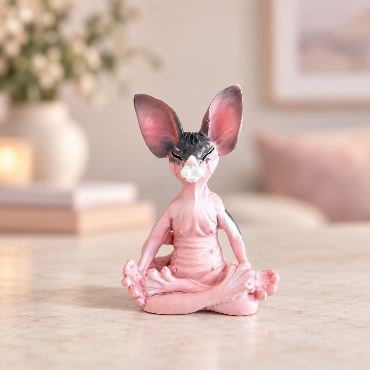 Handmade Sphynx Cat Figurine Pink Gray Plaster Yoga Statue Gift Home Decor Shelf