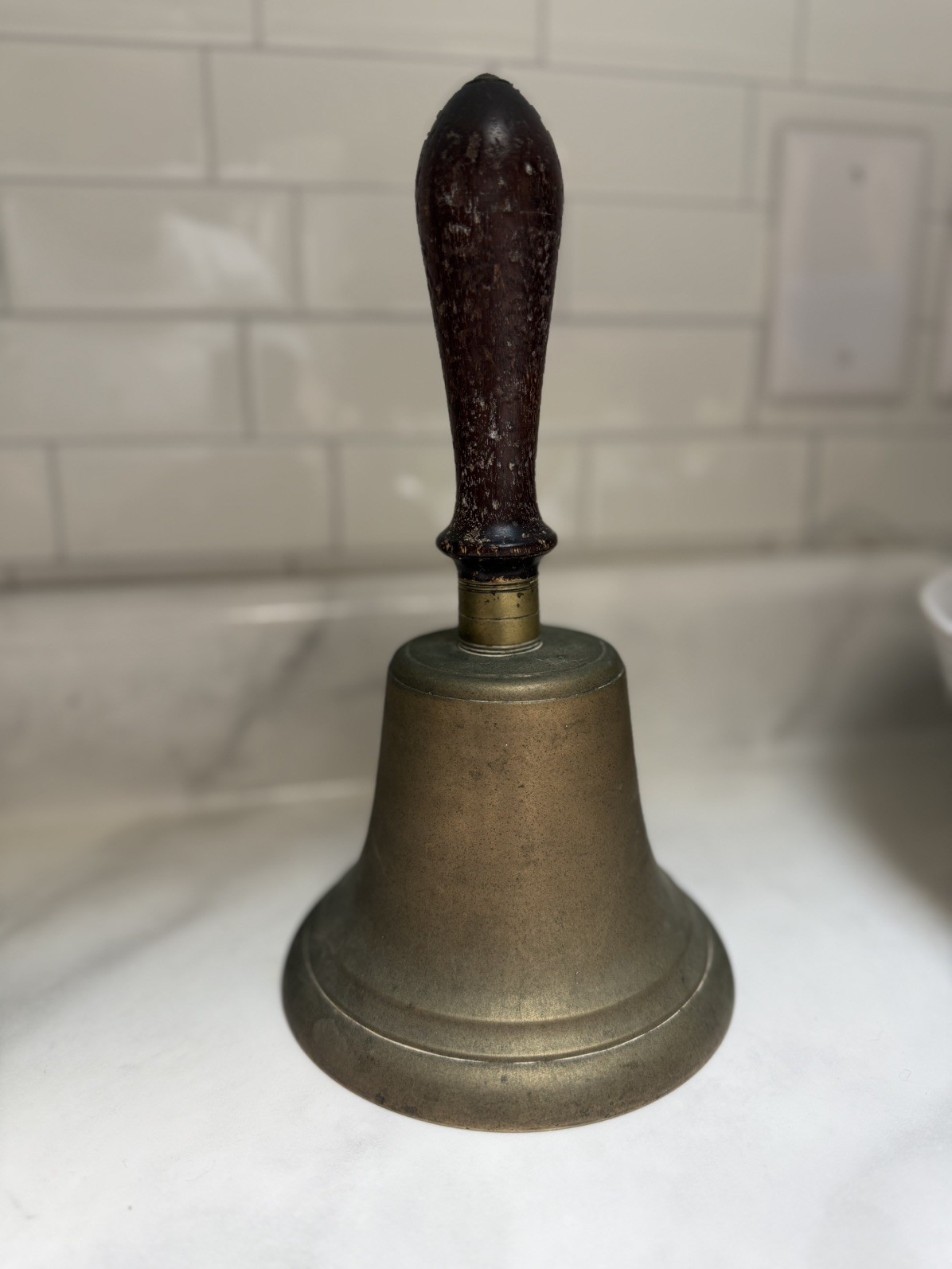 Vintage/Antique School Hand Held Brass Bell Wooden Handle Loud Ring 10.5 inches 