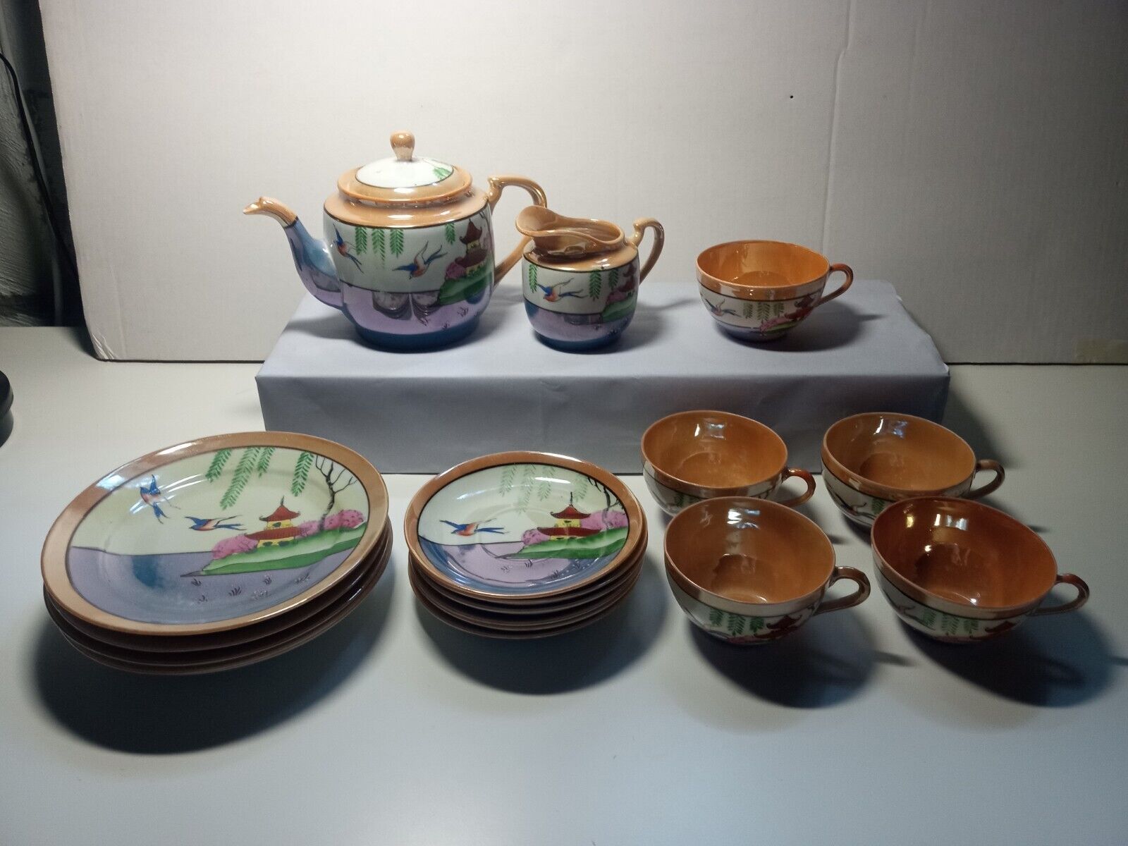 Vintage Japanese Orange Lusterware Set 18 Pieces Teapot, Teacups, Plates