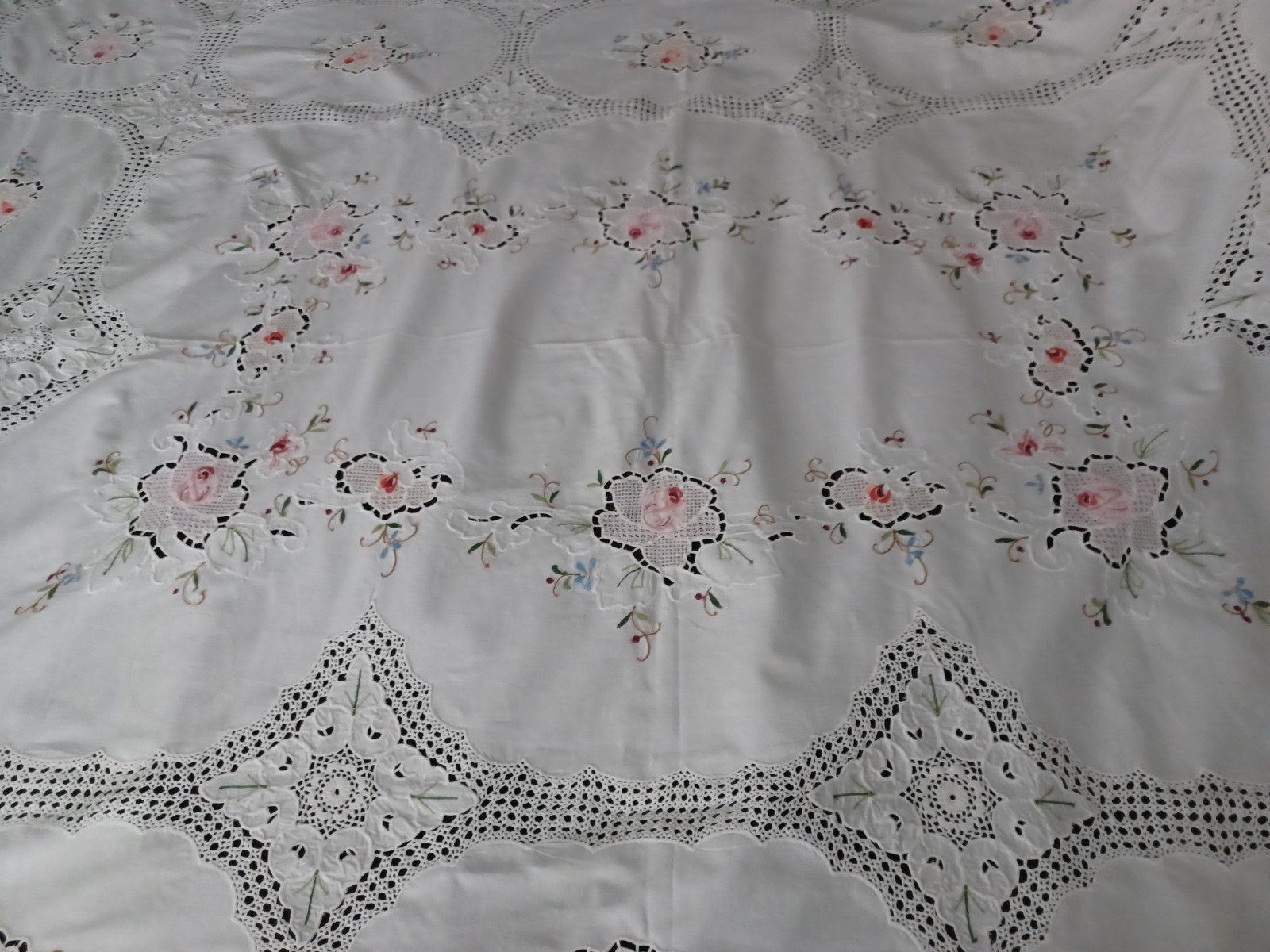 Hand Embroidered Rose Cross Stitch Crochet Insert Lace Work Tablecloth 65x78 vtg