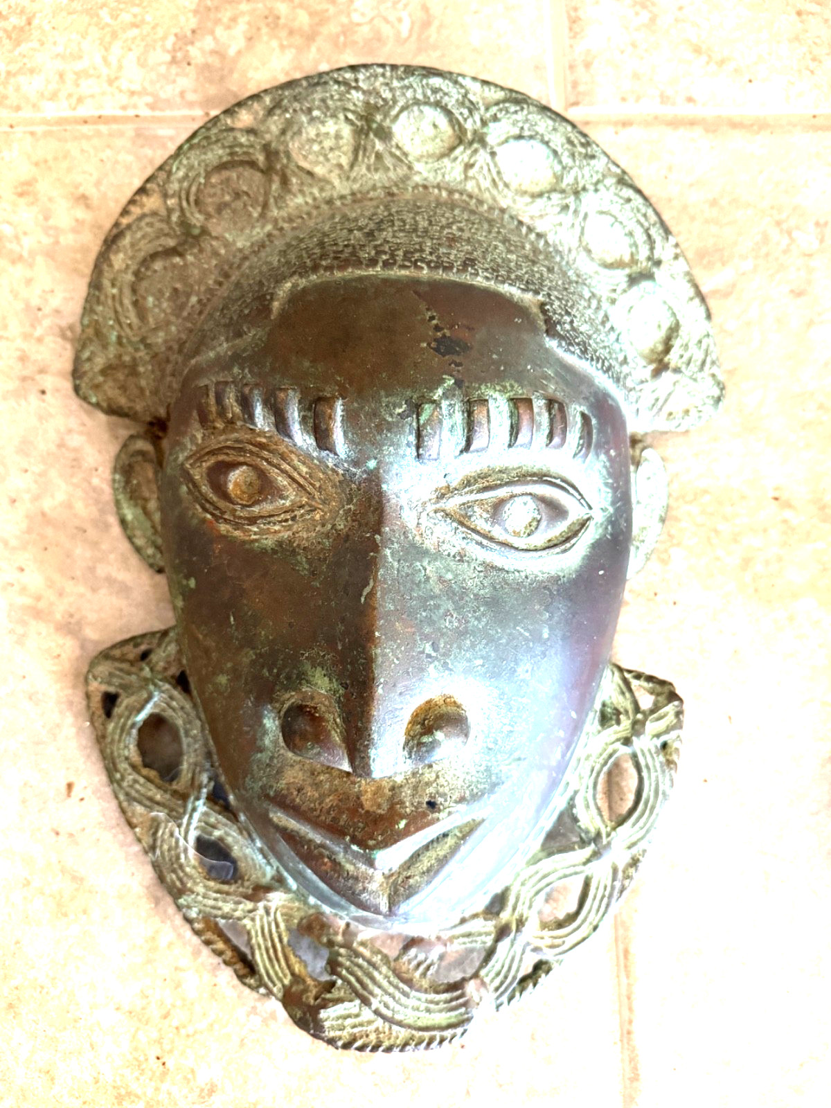 Vintage West African cast-brass or bronze face plaque/hip-mask style of Benin