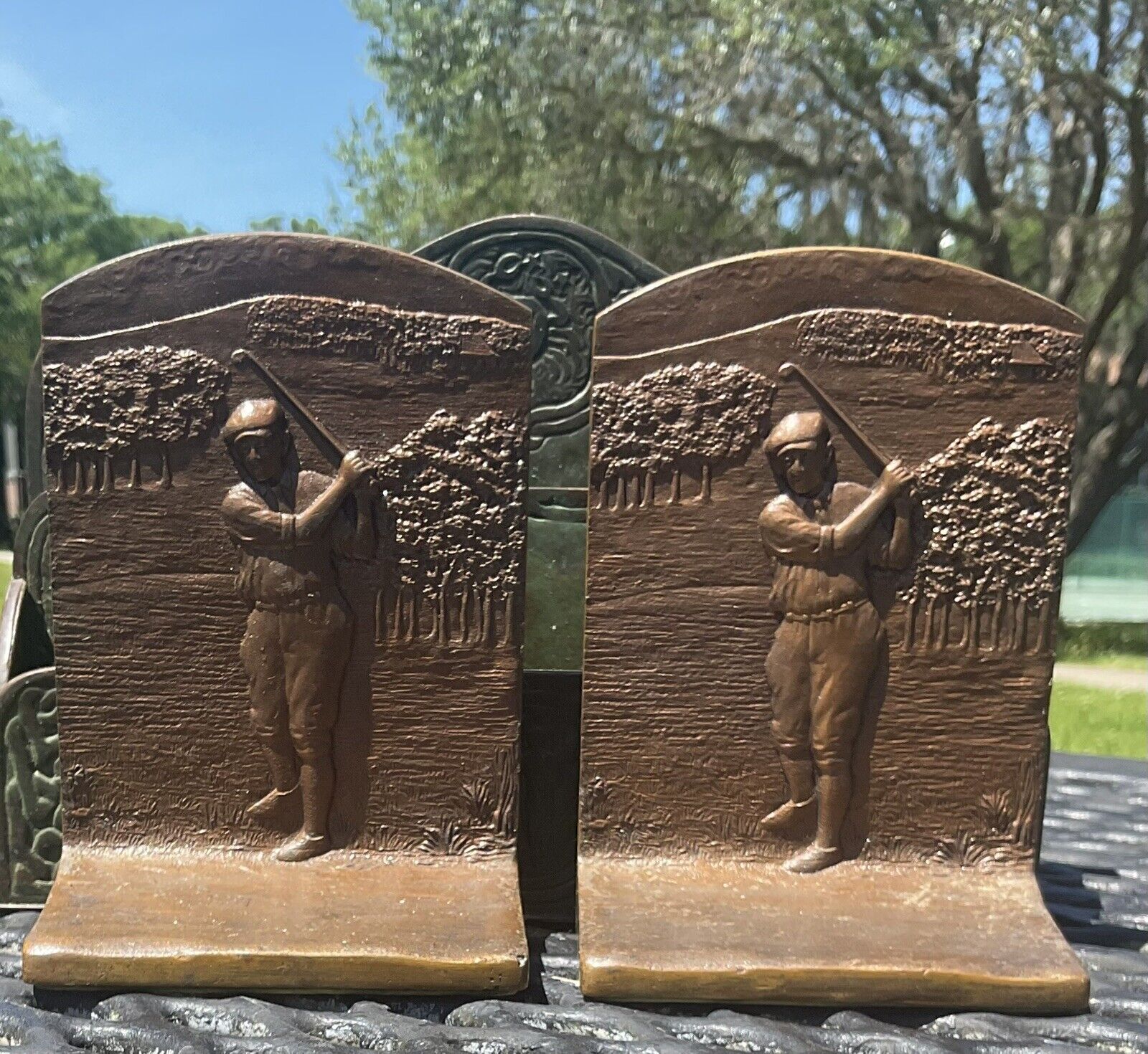 antique Judd bookends, Golfers, Golf, solid bronze, c. 1925, excellent condition