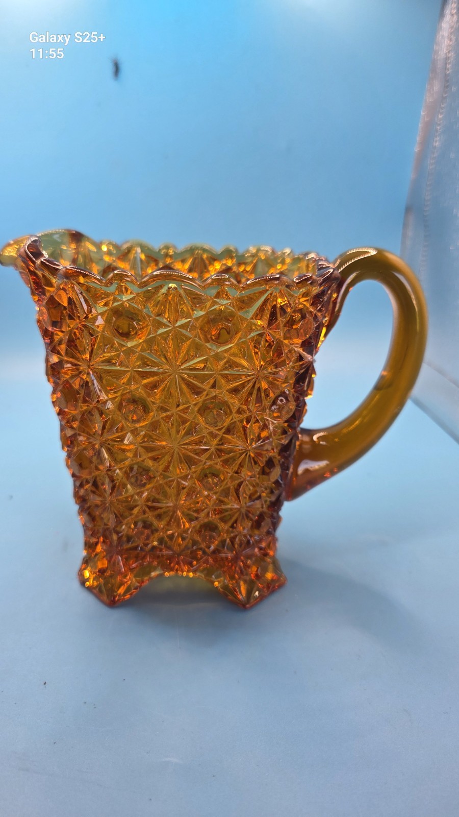 A Vintage 50\'s  L.G. Wright Amber Glass Creamer Daisy & Button Cottagecore 