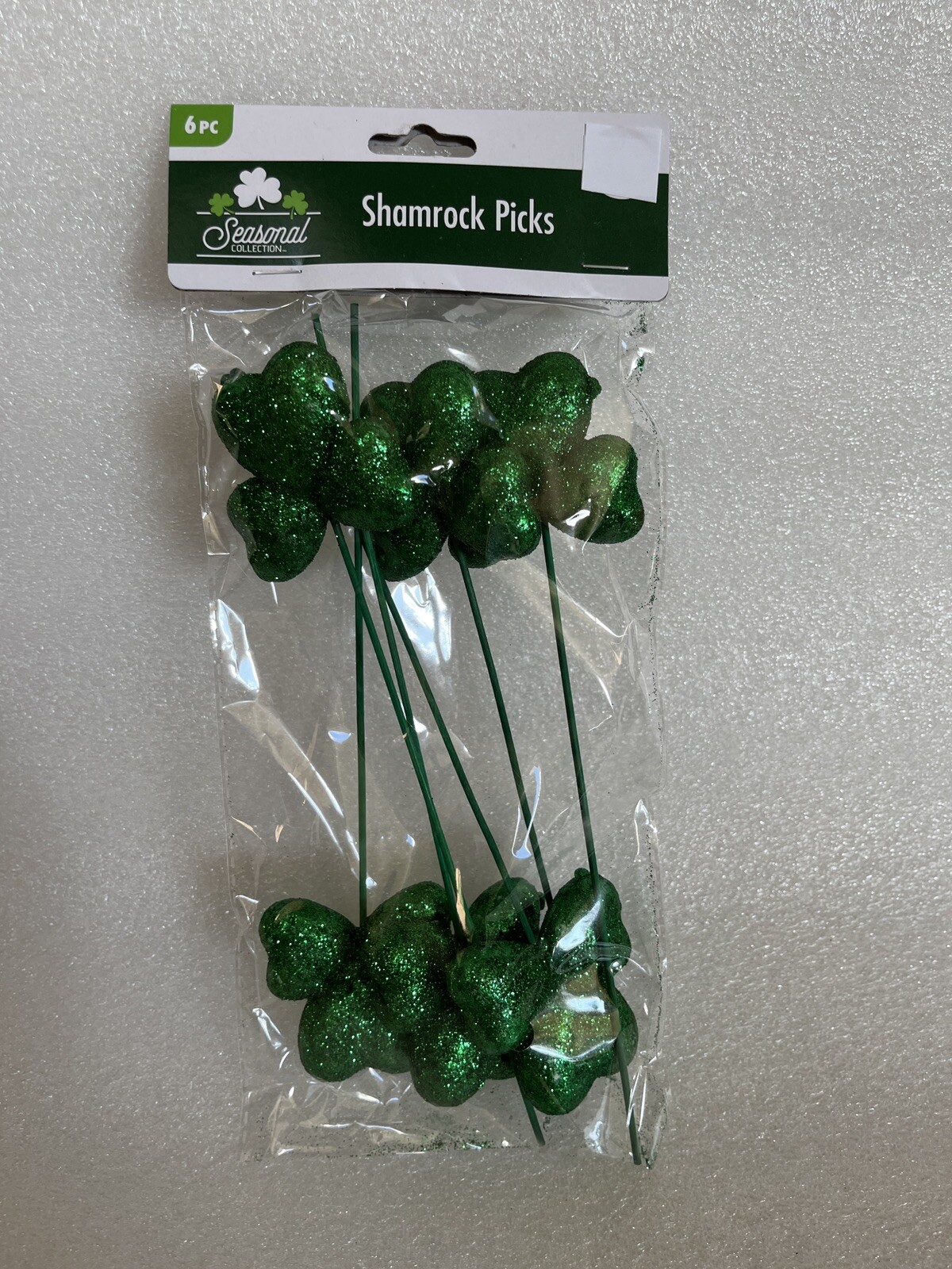Saint Patrick’s Day 9” Green Glitter Shamrock Picks Floral Wreath Crafts 6 pcs