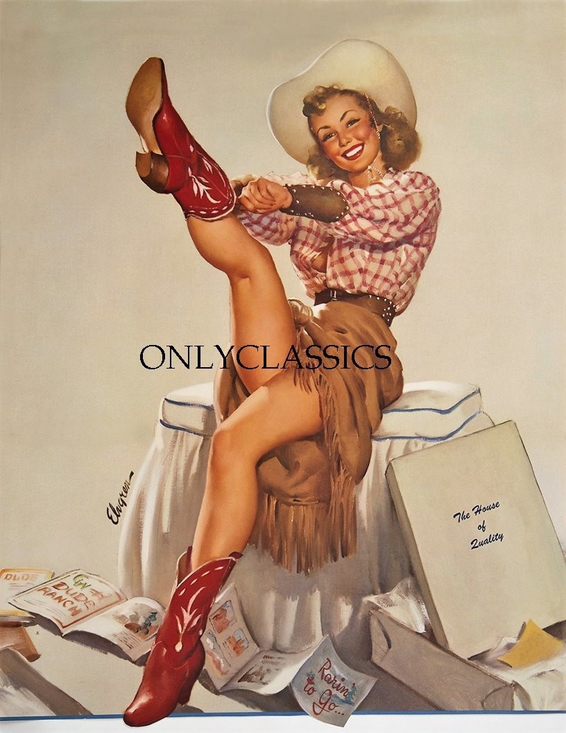 1950's Gil Elvgren Fine B&B Rare Pinup Poster Print Rarin' to Go Cowgirl Cowboy