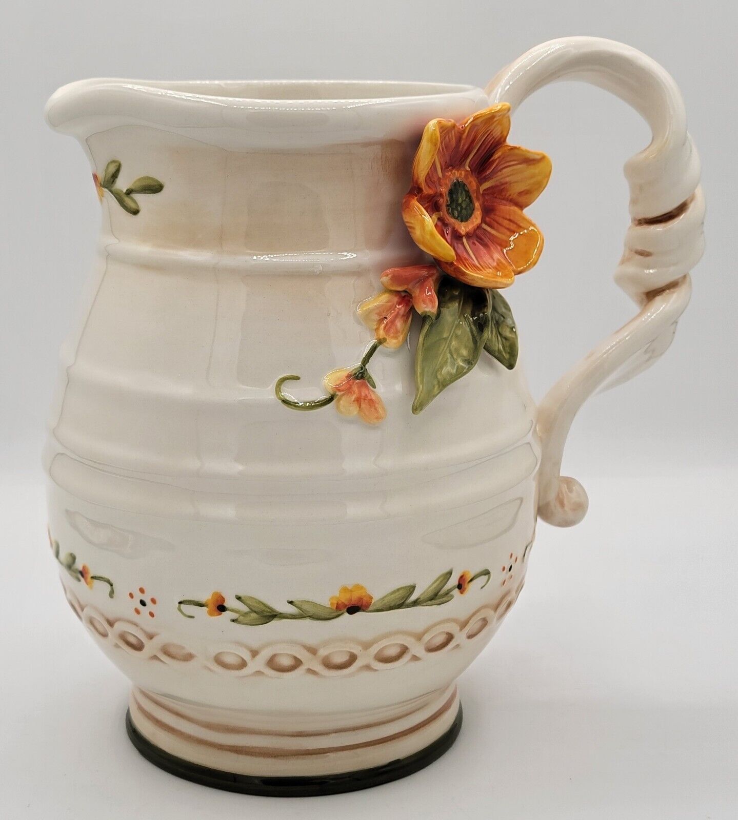Vintage Fitz & Floyd Floral 3D Ceramic Pitcher RARE GORGEOUS Orange flowers