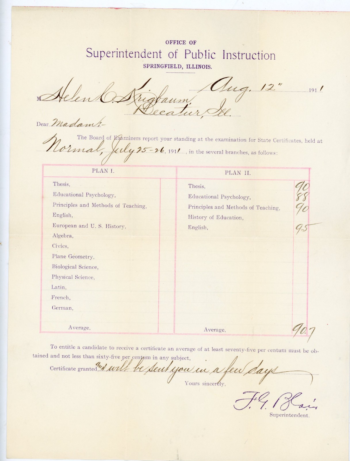 1911 Illinois Teaching Exam Report Superintendent Signed FG Blair Springfield IL 1911 Illinois Teaching Exam Report Superintendent Signed FG Blair Springfield IL
