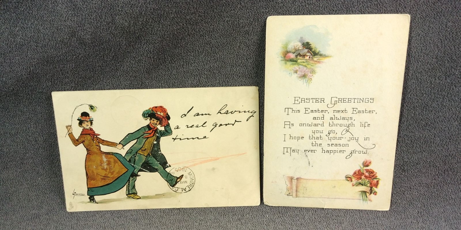 2 1910s Canada Cancel Annapolis Royal NS Lachine Easter Comic Hat Postcard J4