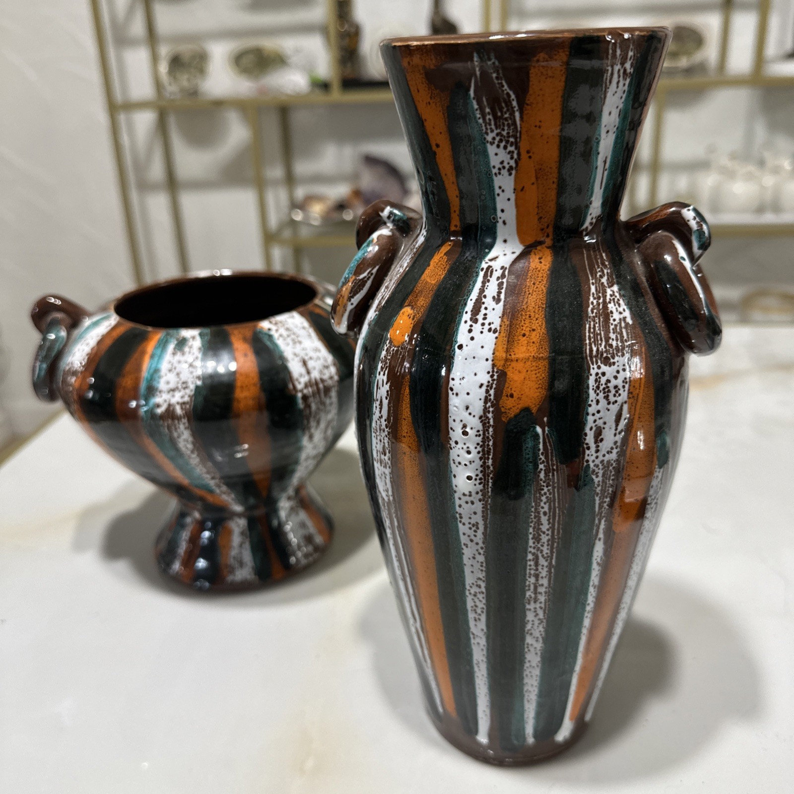 Vtg 10” vtg 6” Italian Pottery Vase Stripped Speckled Frothy Glazed Marked 2pc Vtg 10” vtg 6” Italian Pottery Vase Stripped Speckled Frothy Glazed Marked 2pc