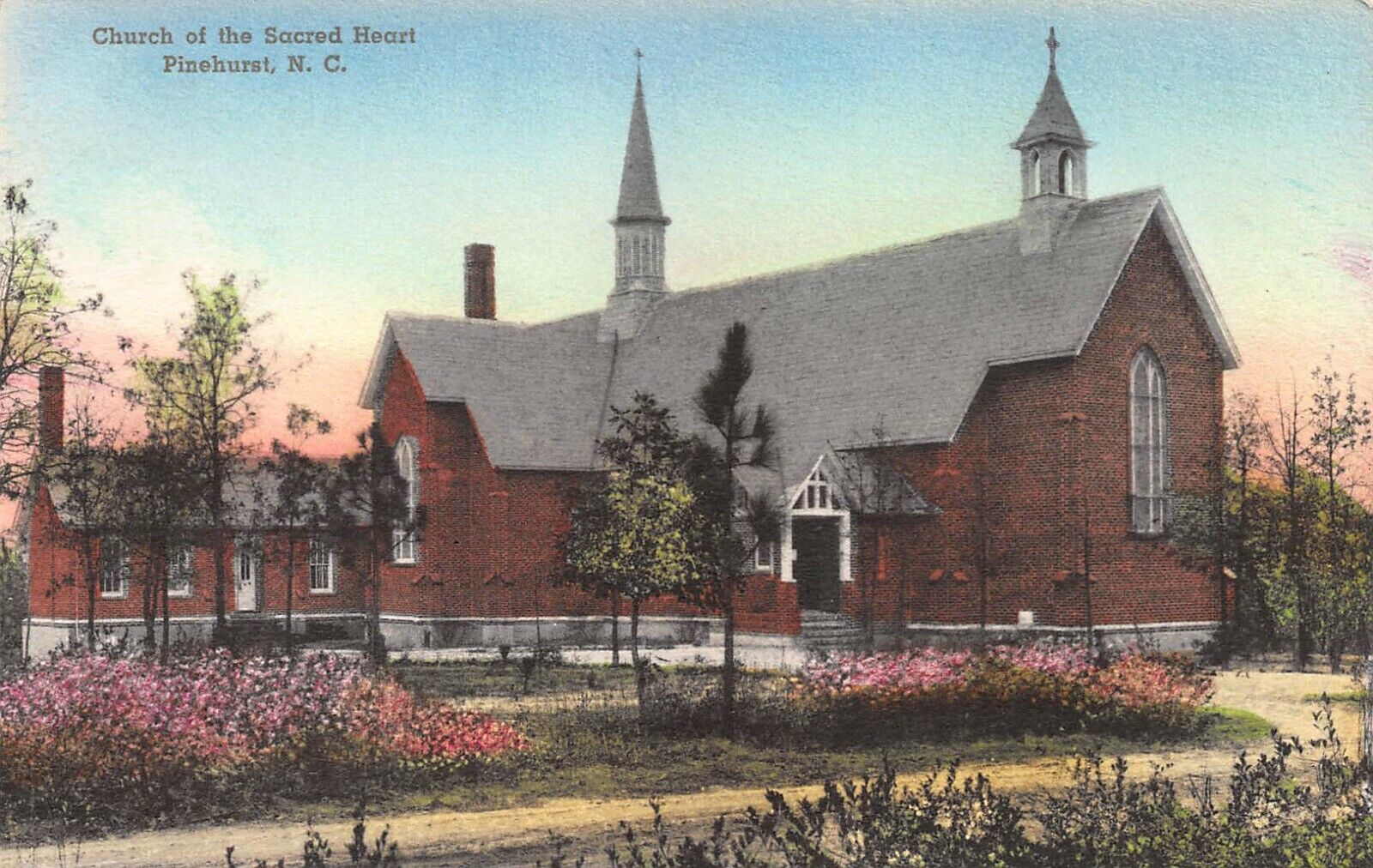 Church of the Sacred Heart, Pinehurst, N.C., Early Hand Colored Postcard, Unused