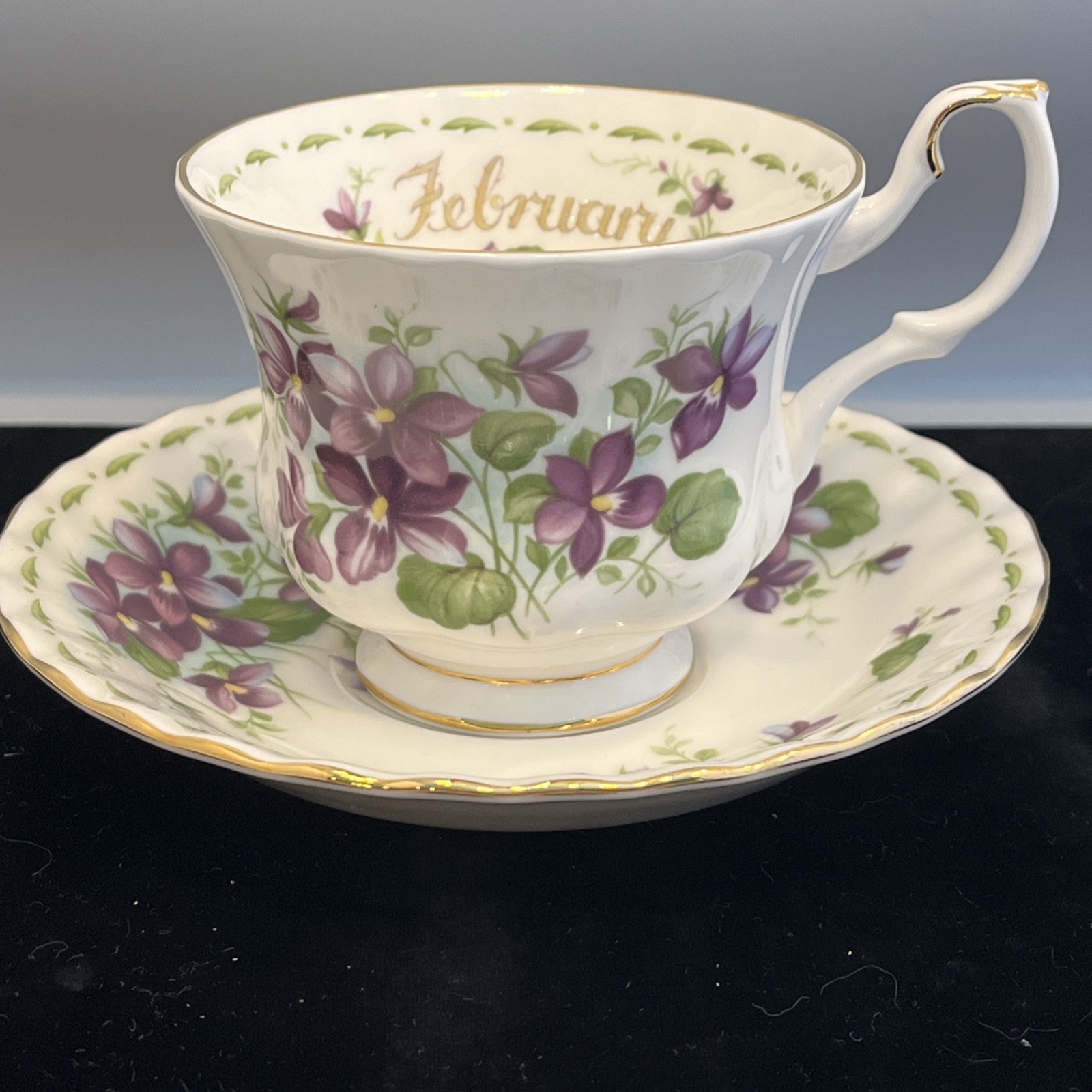 Vtg 1970 Royal Albert Flower Of The Month Cup And Saucer February Violets Gilded