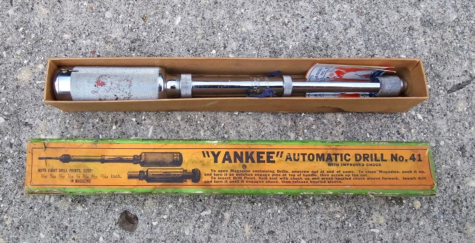 Vintage Yankee Automatic Push Drill No. 41 in Box with 8 Drill Points-North Bros