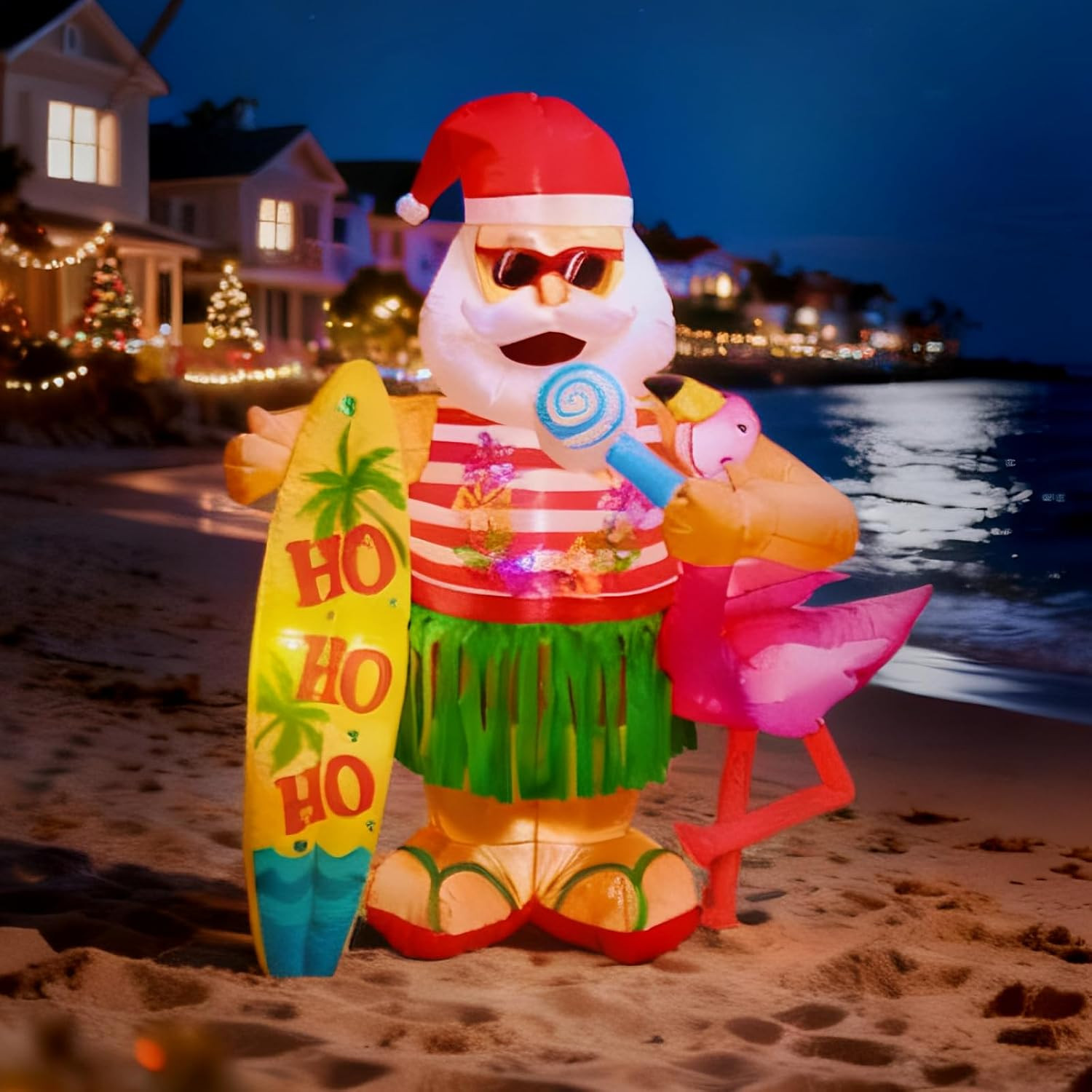 6FT Christmas Inflatable Hawaiian Santa Claus with Flamingo and Surfboard Outdoo