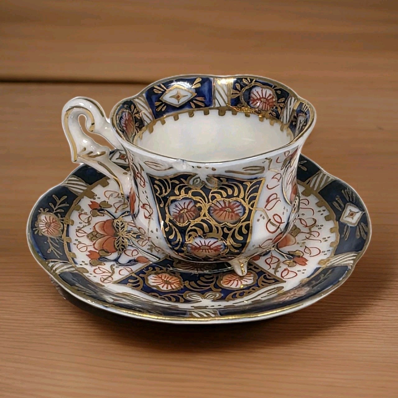 Hokutosha Occupied Japan Imari Footed Demitasse Cup Saucer Cobalt Blue Gold Rust