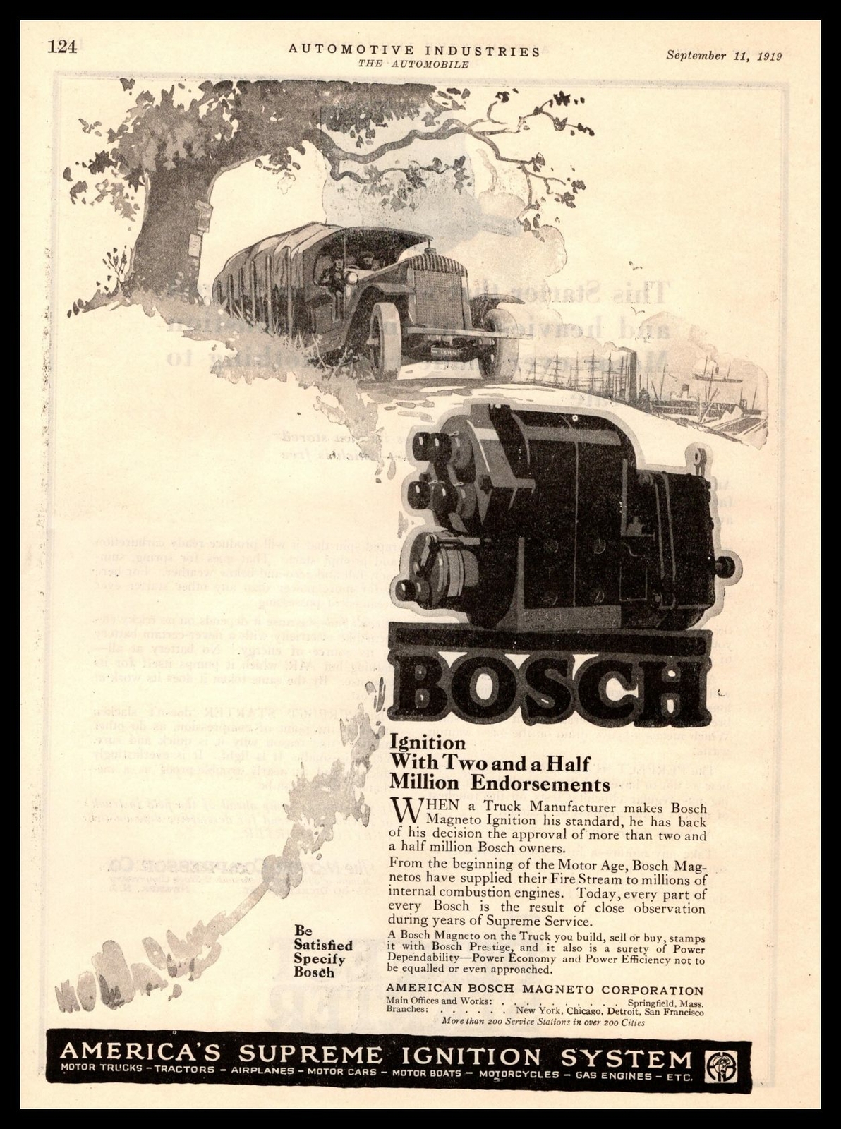 1919 American Bosch Magneto Springfield MA Truck Fire Stream Ignitions Print Ad