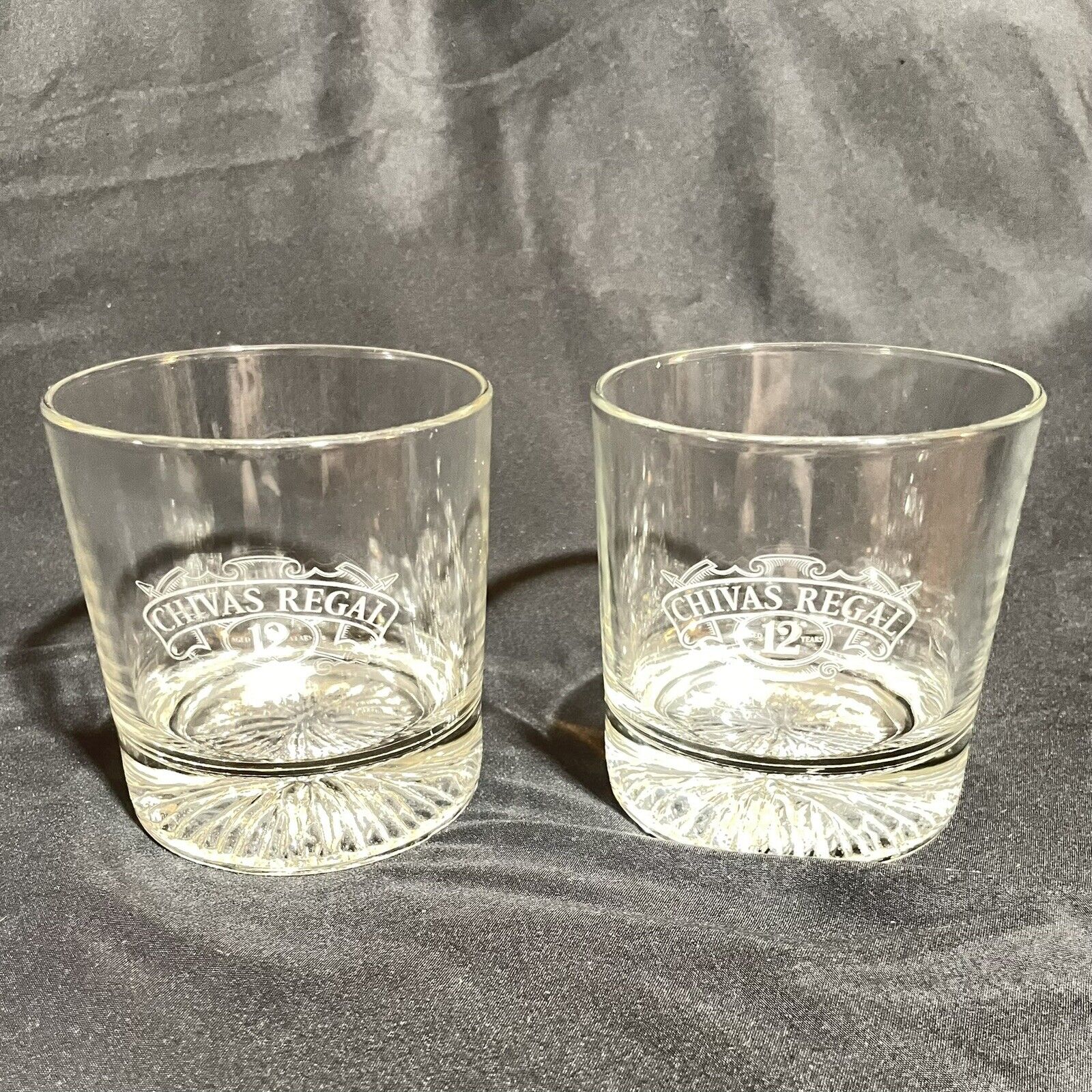 Set of 2 Chivas Regal “Aged 12 Years” Etched Whiskey Glasses Weighted Bottom