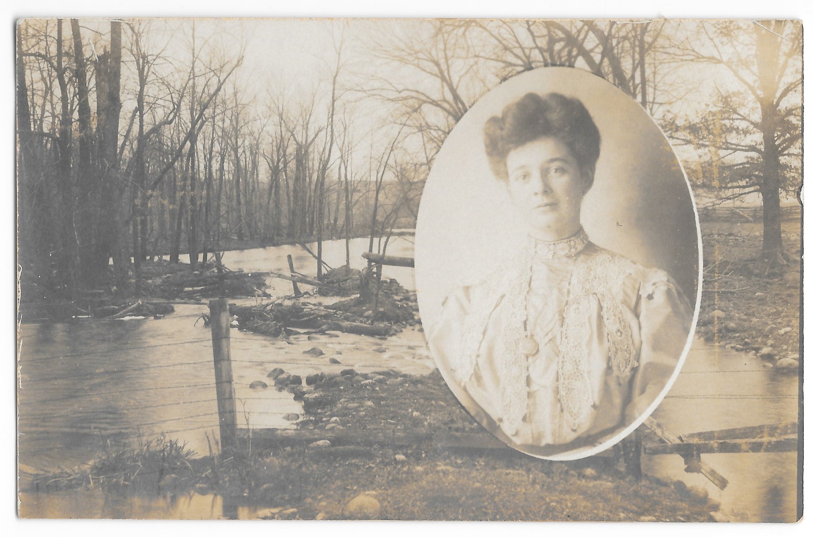 RPPC Real Photo Postcard Flood Scene Woman Portrait Combination c1910s