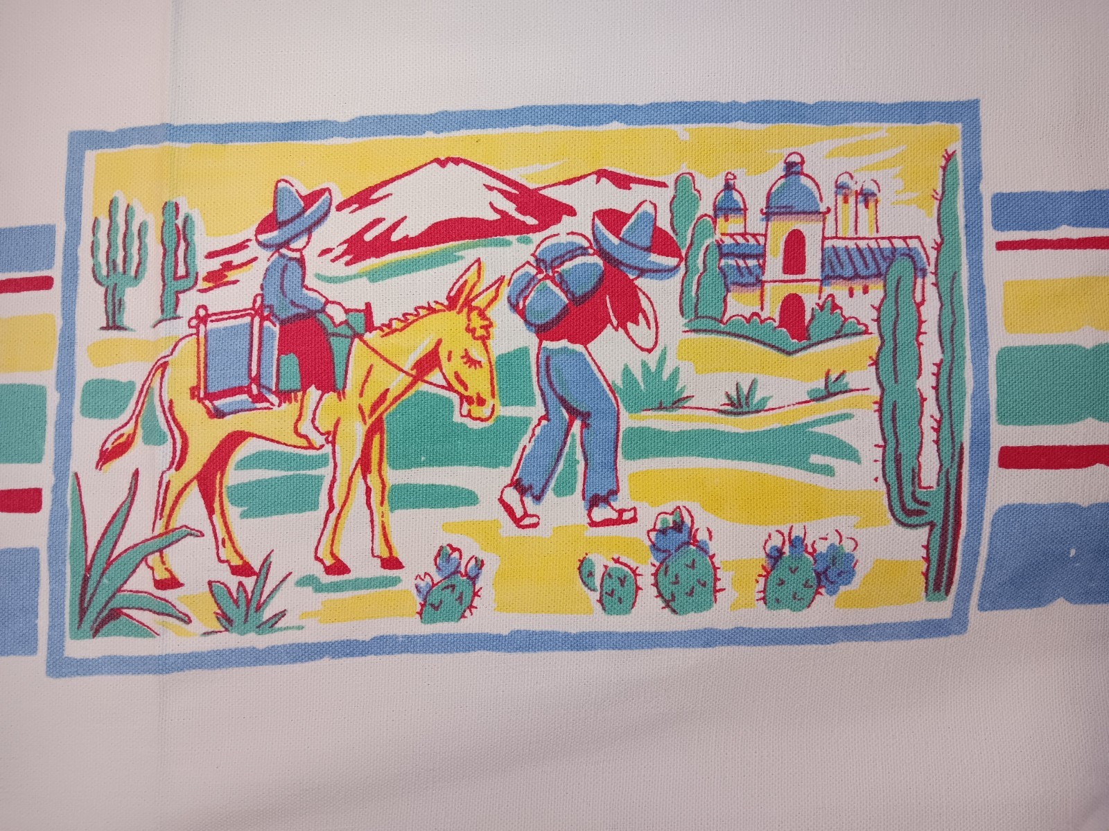 Vintage Mexican fiesta tablecloth donkey burro Mission scene gourds cactus pots