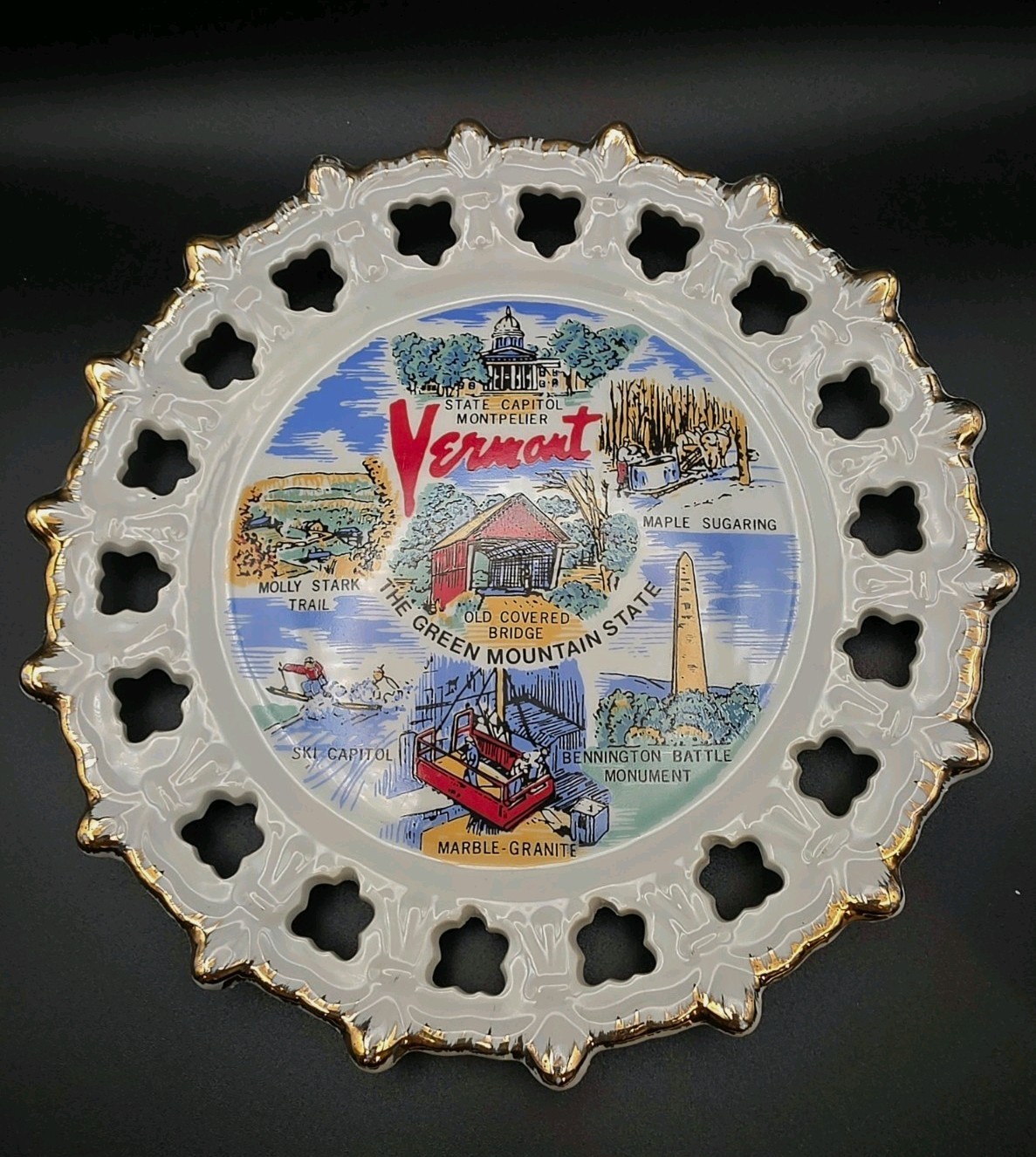 Vintage Vermont Souvenir Plate - Pierced Lace / Ribbon Edge with Gold Trim Korea