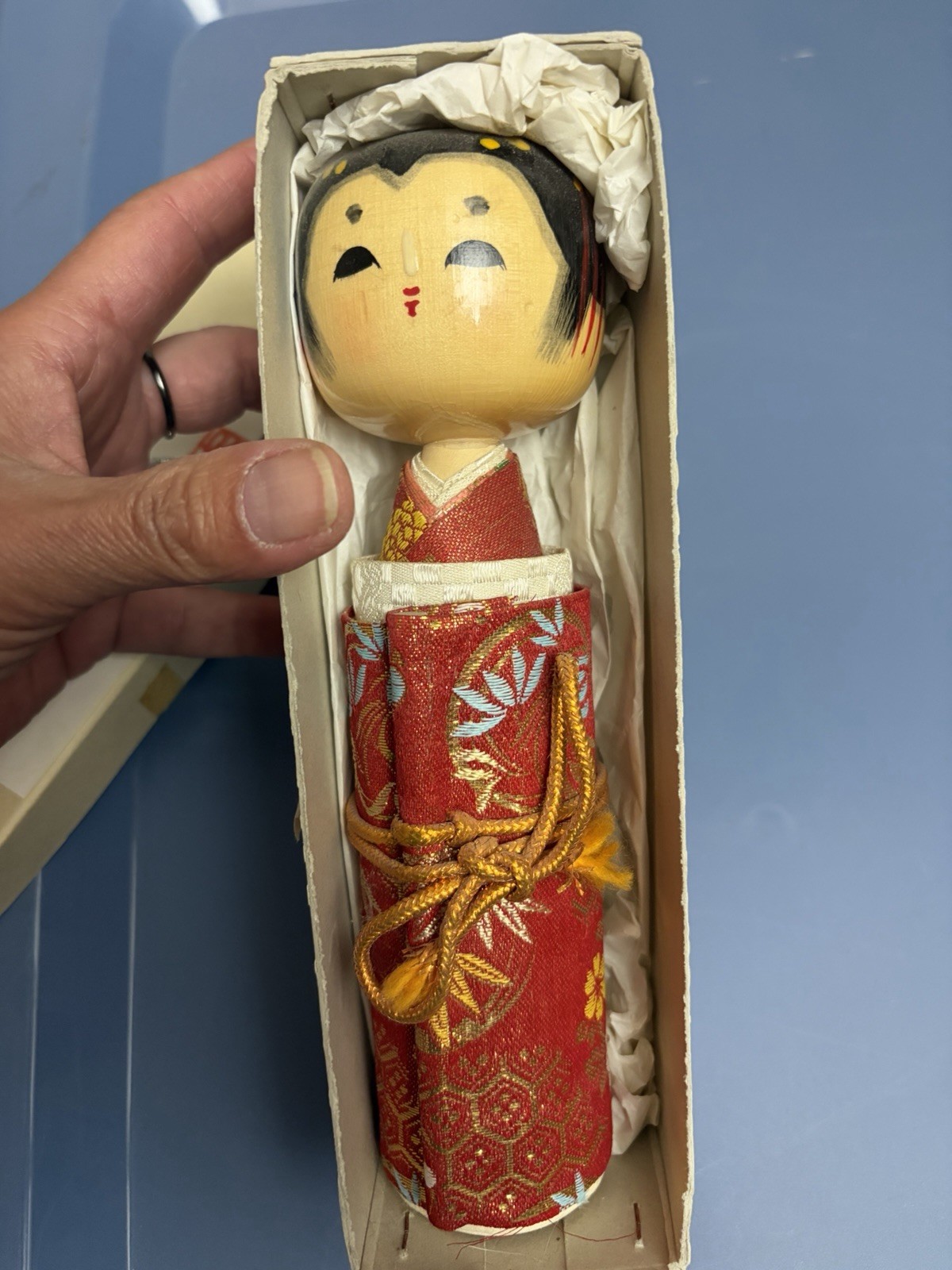 Vintage Japanese Sosaku Kokeshi Doll Red Brocade Kimono Original Box Signed