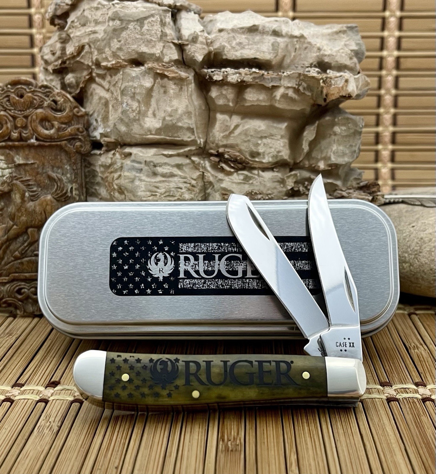 Case XX USA Smooth Olive Bone RUGER / MARLIN 53541 Mini Trapper Knife w/Tin