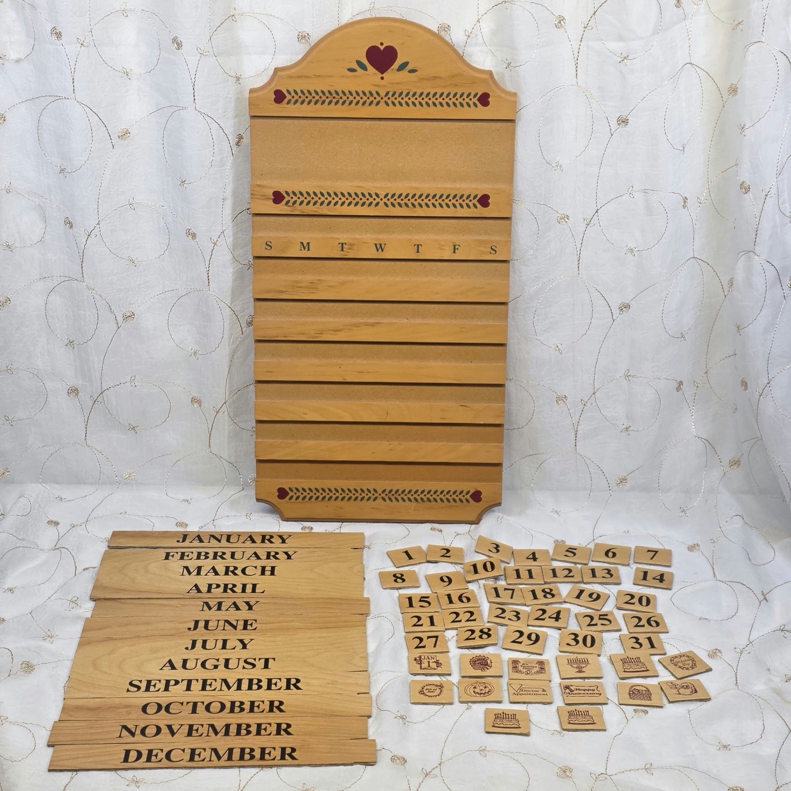 Vtg Wood Perpetual Wall Calendar Folk Art Country Heart Heritage Complete Tiles