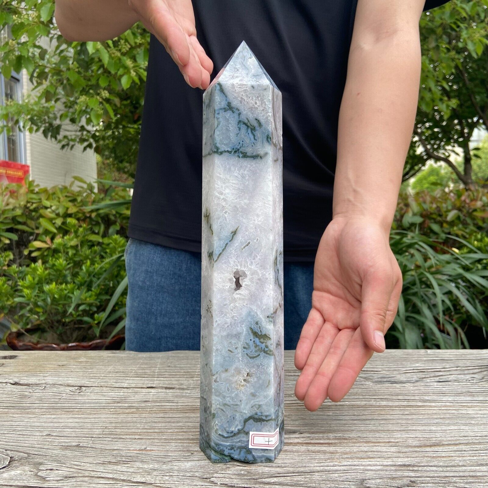 4.3LB 12.2\'\' Natural Moss Agate Obelisk Quartz Point Crystal Healing Decor Reiki