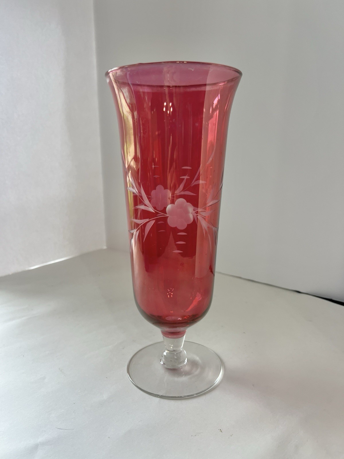 Etched Floral Flashed Glass Cranberry Glass Vase 10\