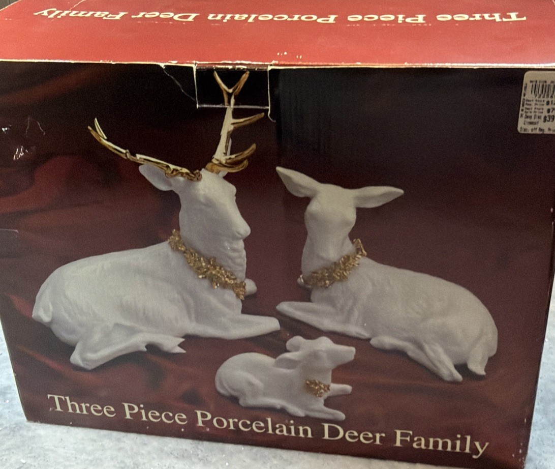 Vintage 3 Piece Porcelain Deer Family White/Gold by Christmas Traditions Vintage 3 Piece Porcelain Deer Family White/Gold by Christmas Traditions