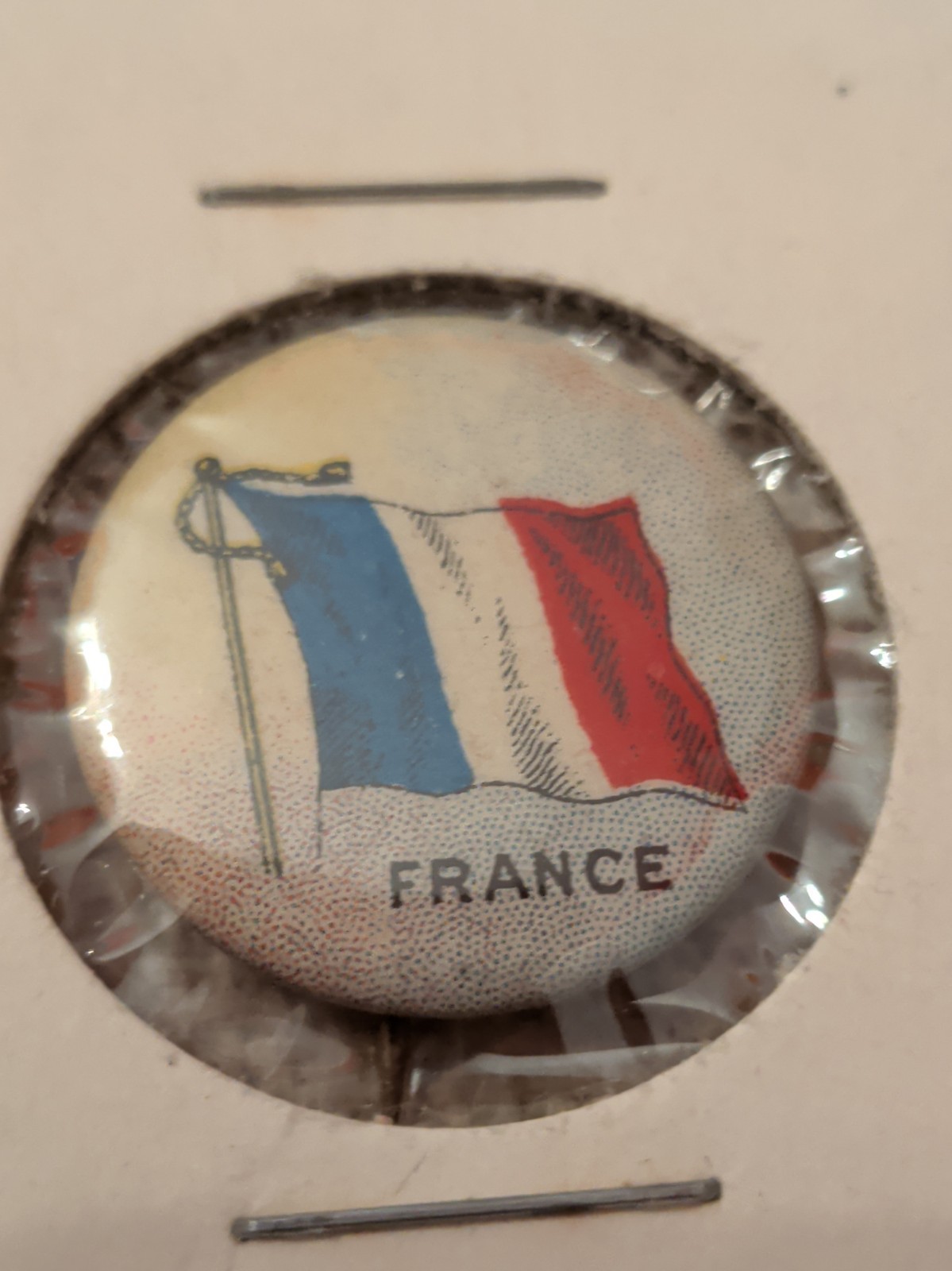 Antique 1900s France Flag Pinback Button Whitehead & Hoag Newark NJ Patent Back