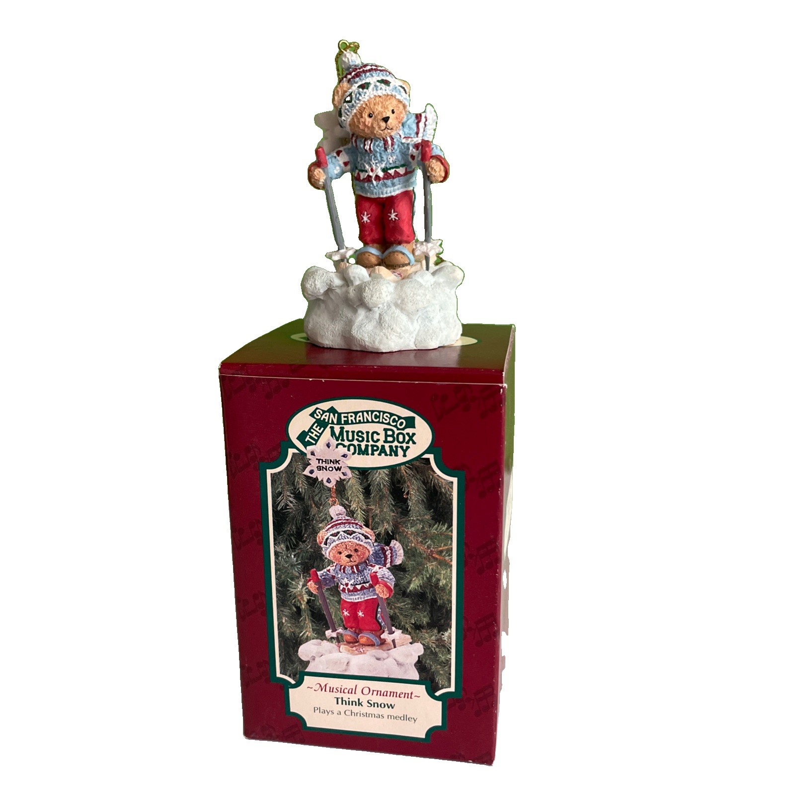vtg San Francisco Music Box Company Think Snow Musical Ornament XMAS - SKI BEAR