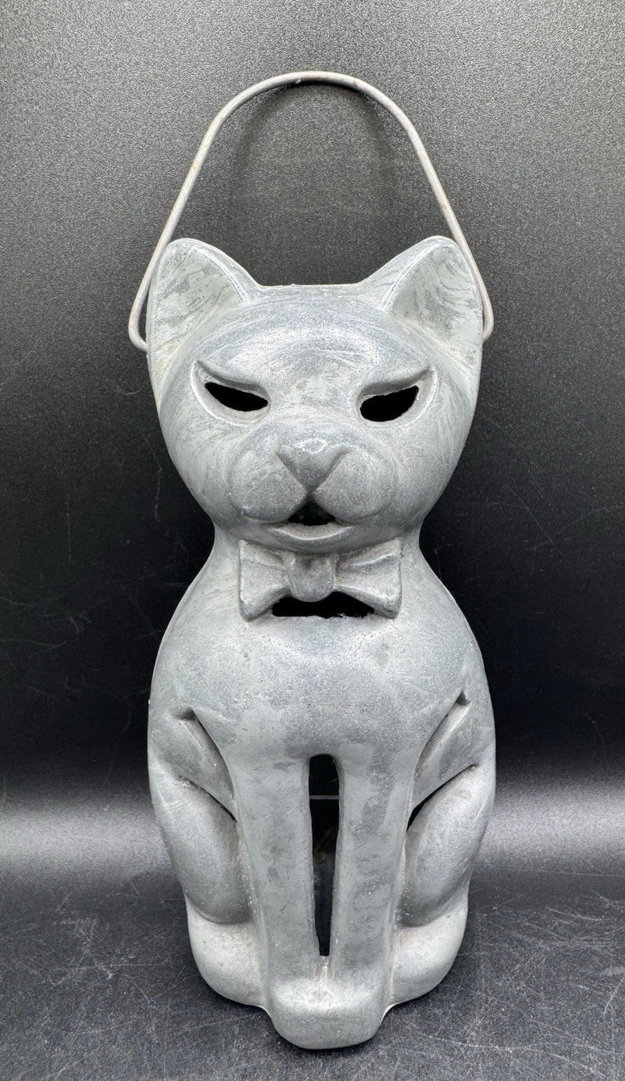 Vtg 1940s Mid Century Cast Metal Halloween Cat Hanging Candle Holder Lantern HTF
