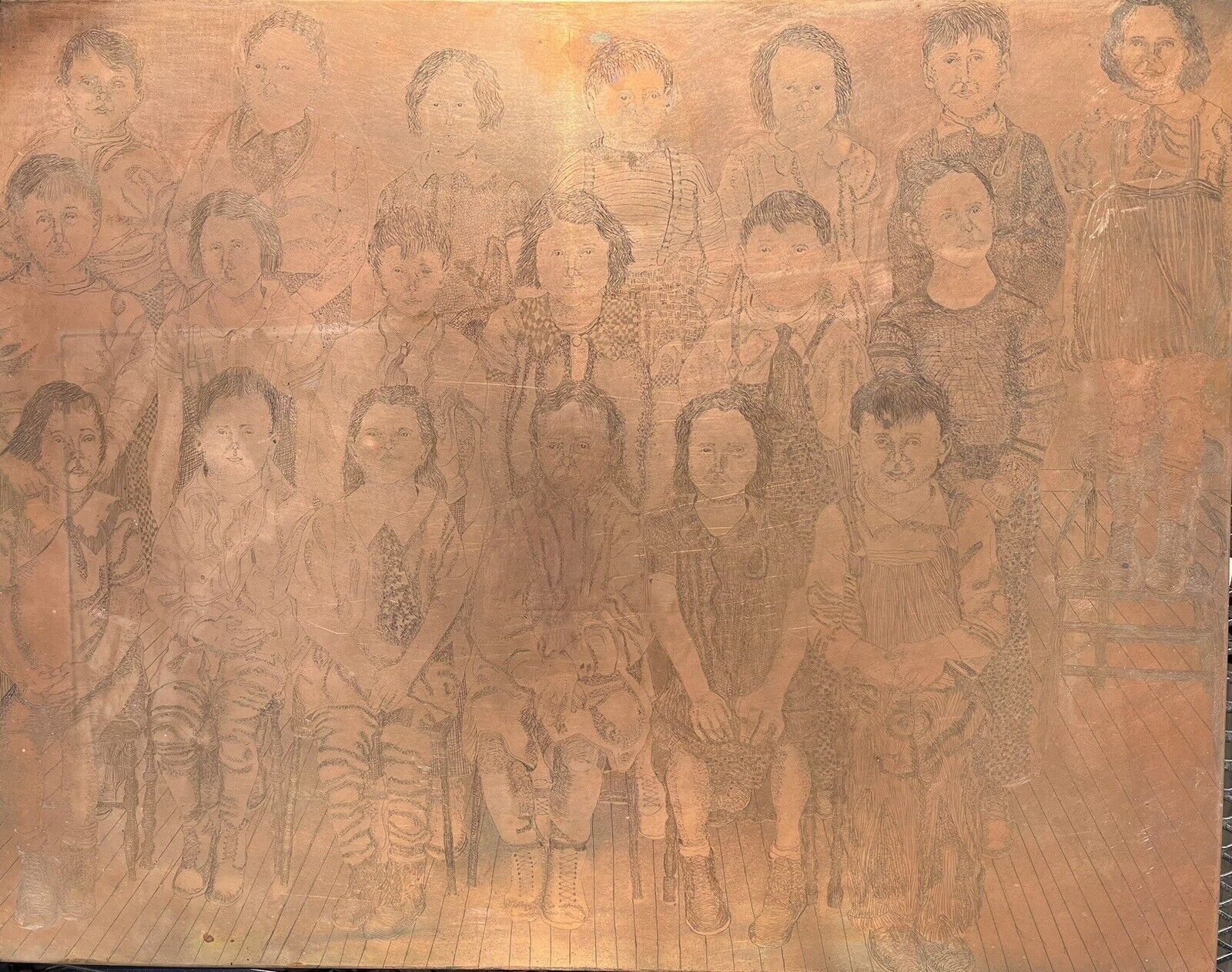 Antique Copper Etching Plate Primitive Portrait Of School Children