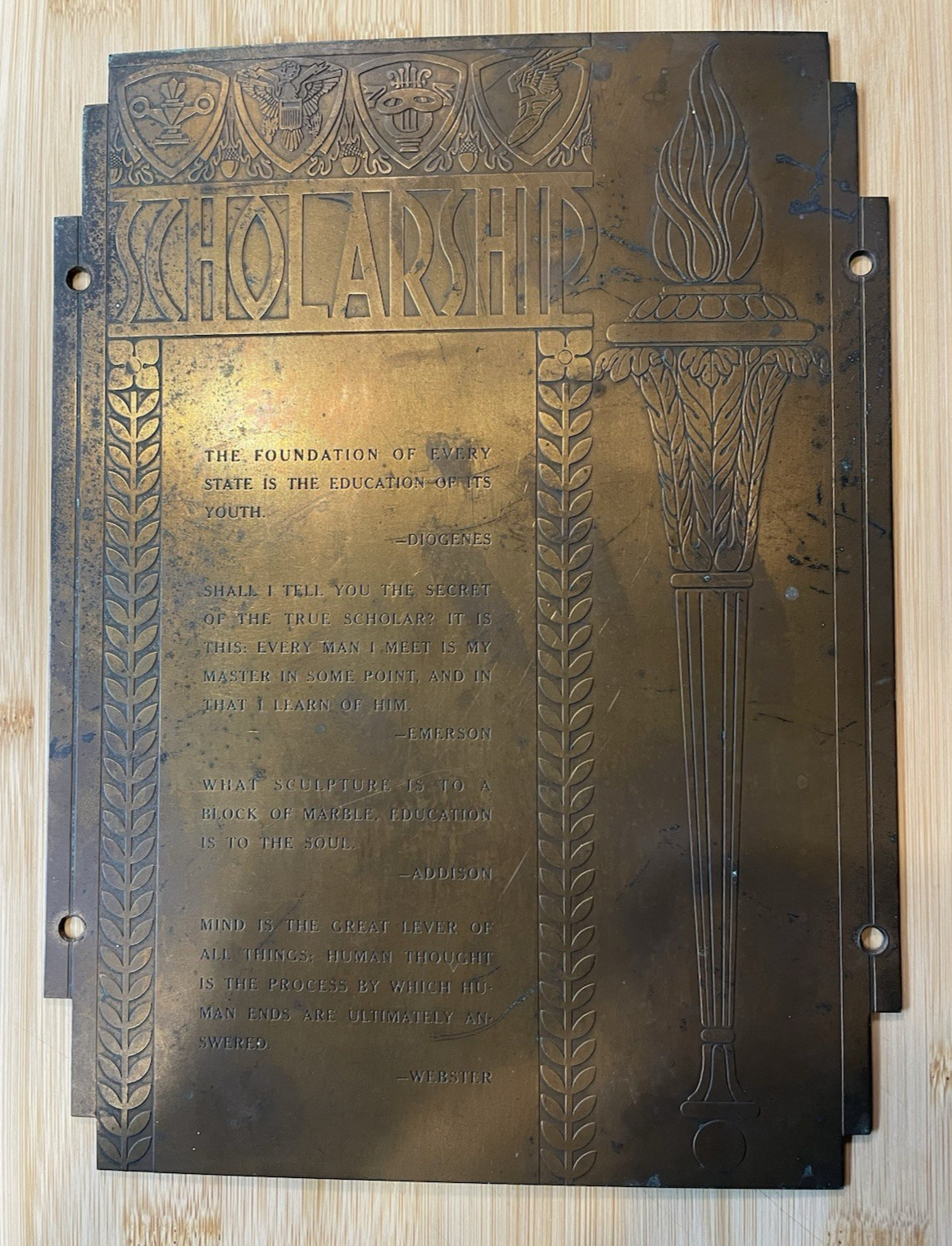Vintage Heavy Solid Brass Scholarship Plaque Webster Diogenes Emerson Addison