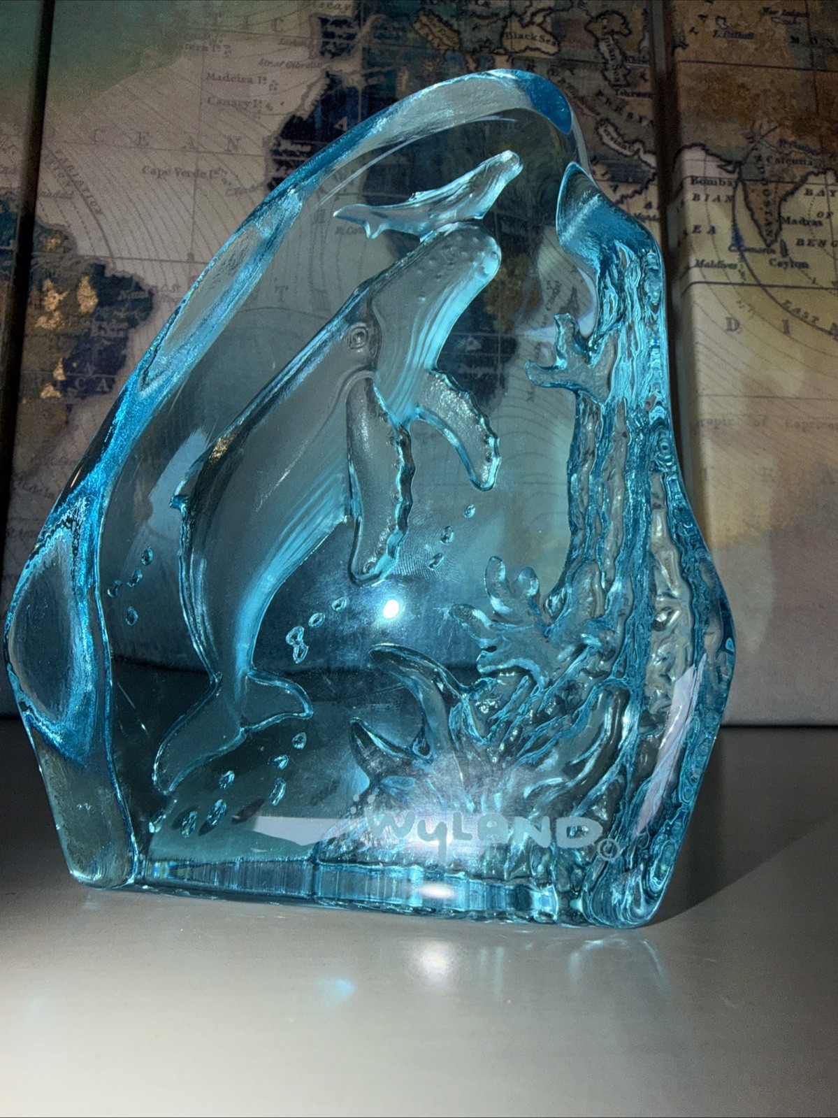 Wyland 2002 Humpback Whale and Calf Blue Glass Sculpture Excellent