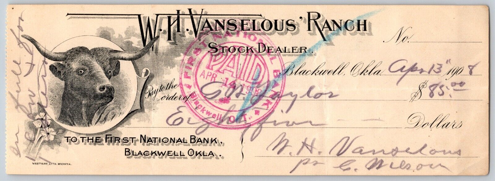 Blackwell OK 1908 V.H. Vanselous Ranch Check w/ Bull Vignette - Scarce