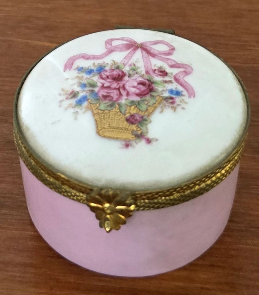 VINTAGE Limoges Castel France, Fait Main, Trinket Box, Pink Ribbon-Floral Basket