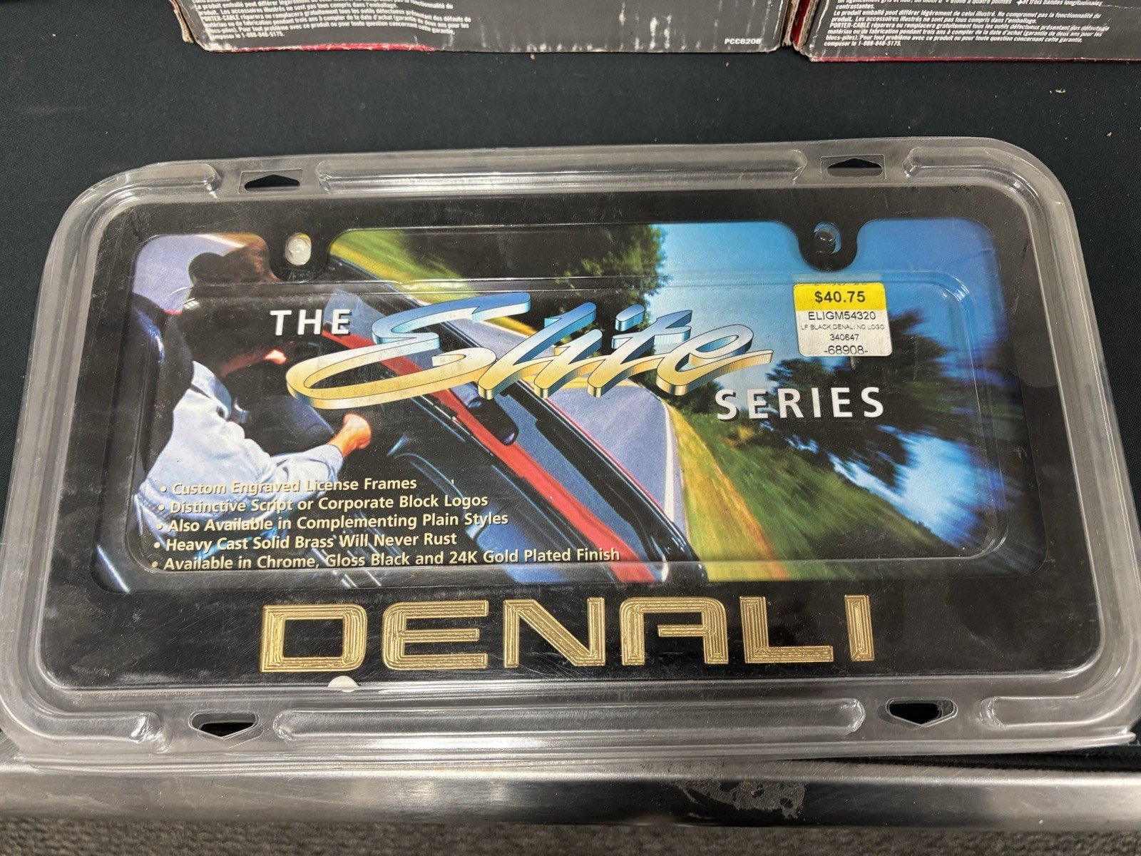 GMC Denali New Black Metal w/Gold Etched Letters License Plate Frame Caps Screws GMC Denali New Black Metal w/Gold Etched Letters License Plate Frame Caps Screws