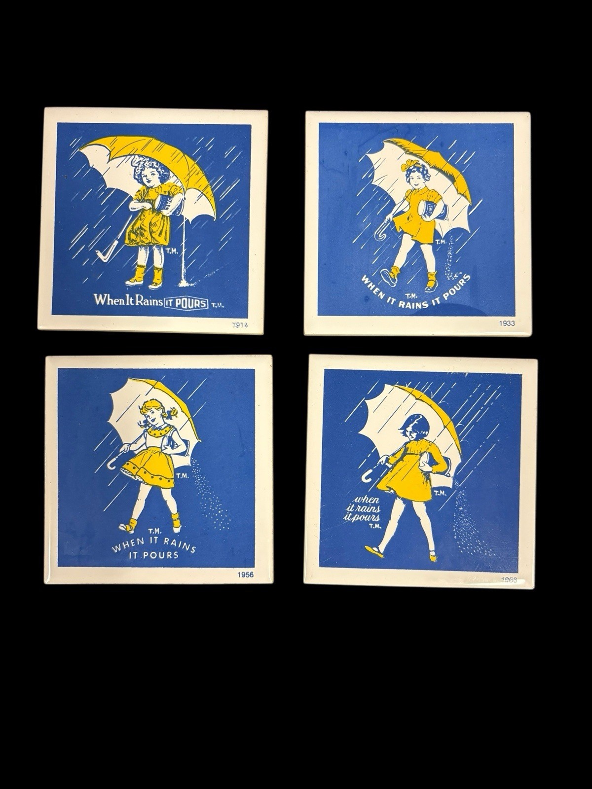 4 VTG MORTON SALT TRIVET SET GIRL WITH UMBRELLA WALL DECOR