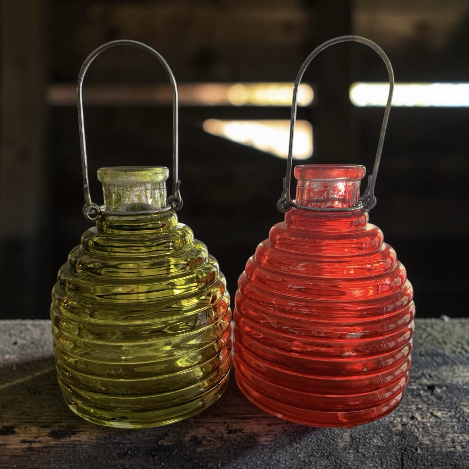 Vintage Glass Bee Hive Fly/Wasp Trap Catchers Set Of 2 Red Green