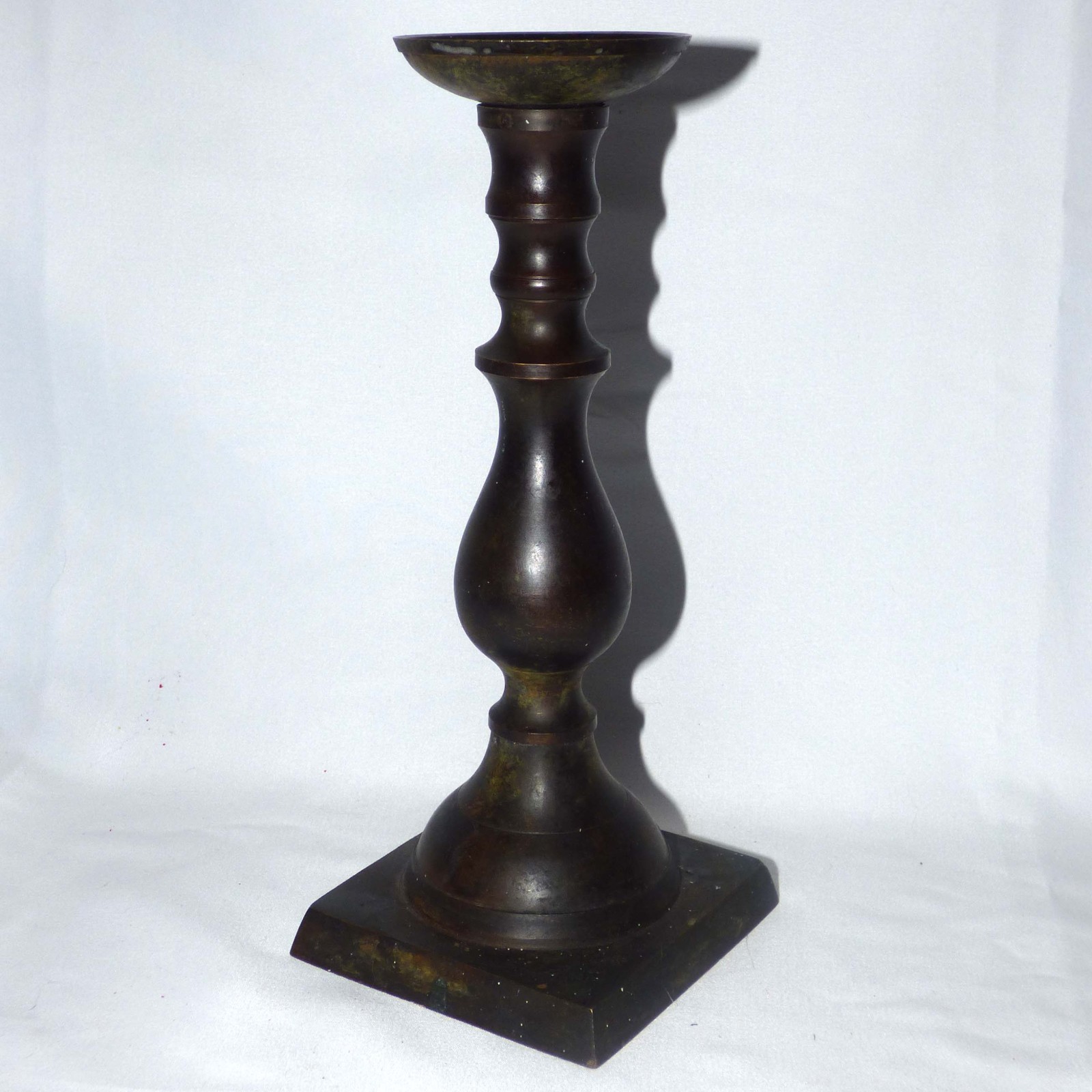 Antique 19thC Patinated Bronze Candlestick Holder Heavy Sand Cast Square Base
