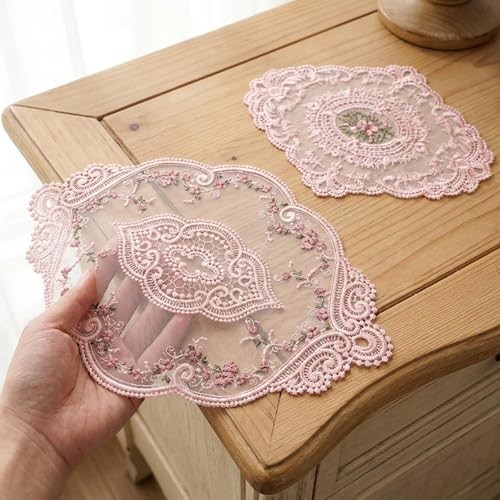 2 Pcs Retro Pink Lace Placemats, Vintage Flower Lace Doilies for Tables Oval