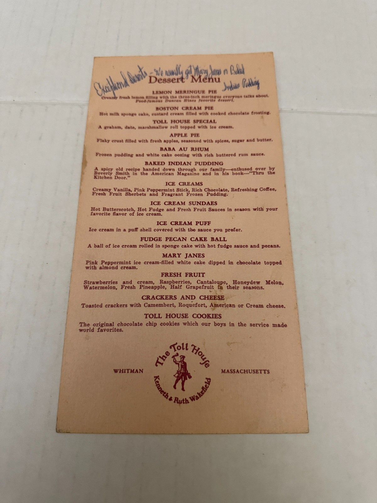 Vintage 1950\'s The Toll House Restaurant Dessert Menu Whitman Massachusetts