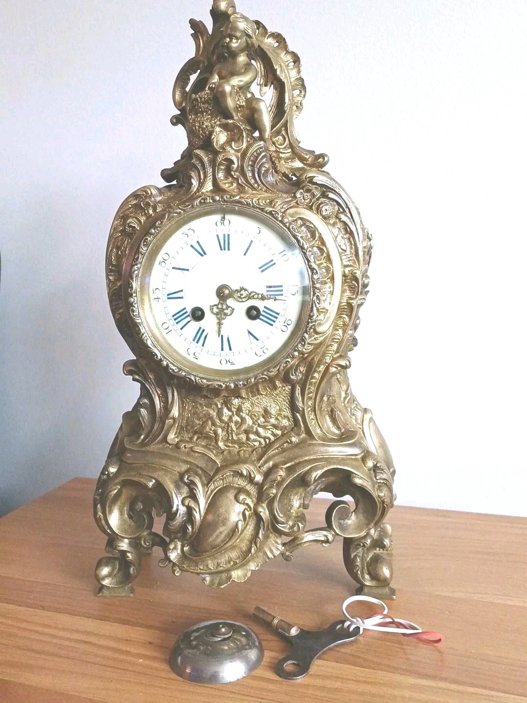 Large Rococo Style Antique French Samuel Marti et Cei, Brass  8 day Mantel Clock
